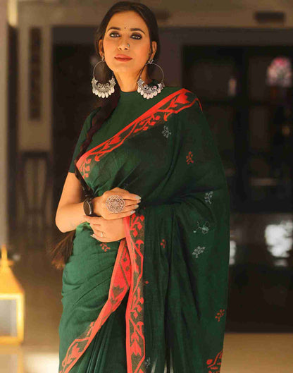 Dark Green Cotton Woven Banarasi Saree