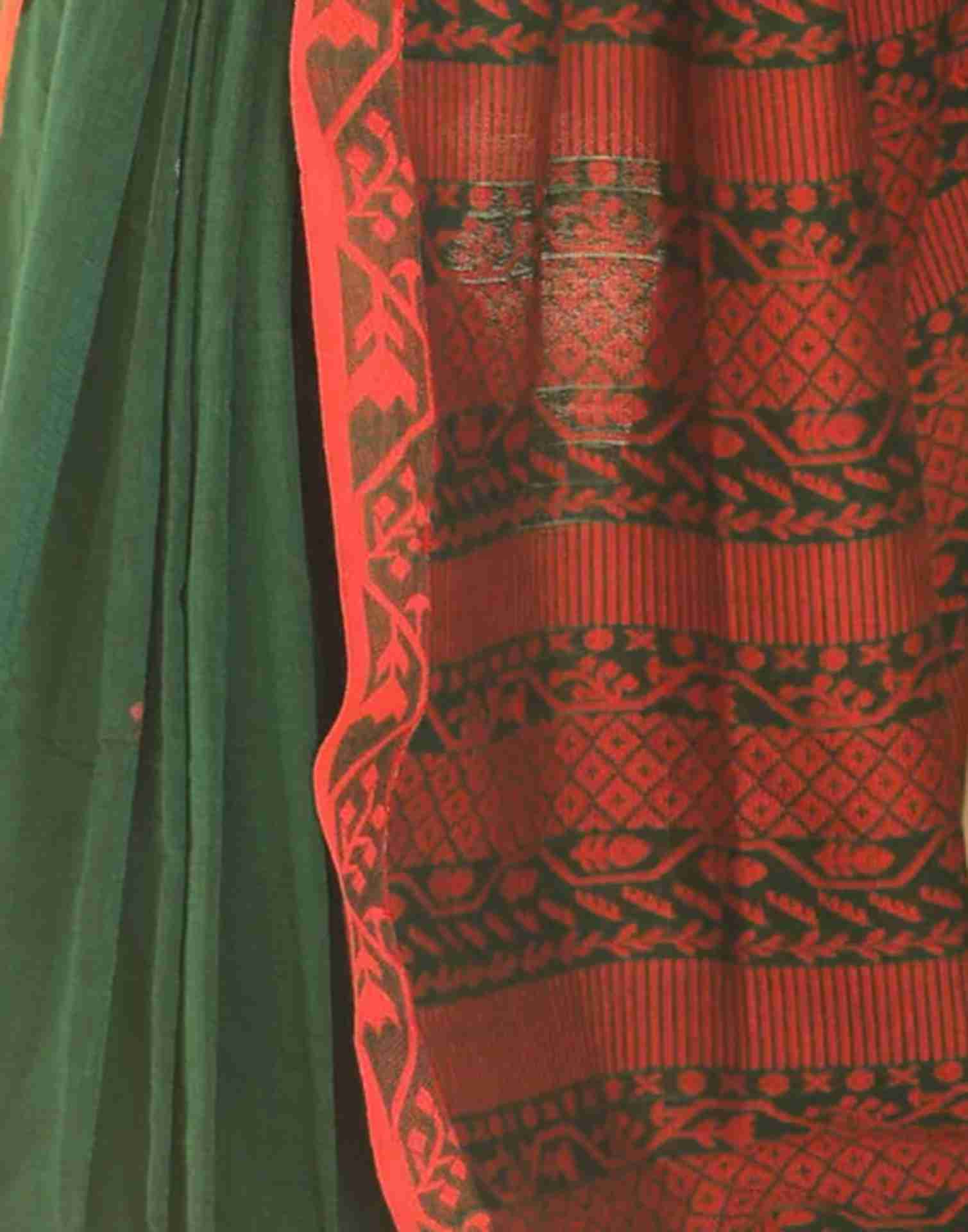 Dark Green Cotton Woven Banarasi Saree