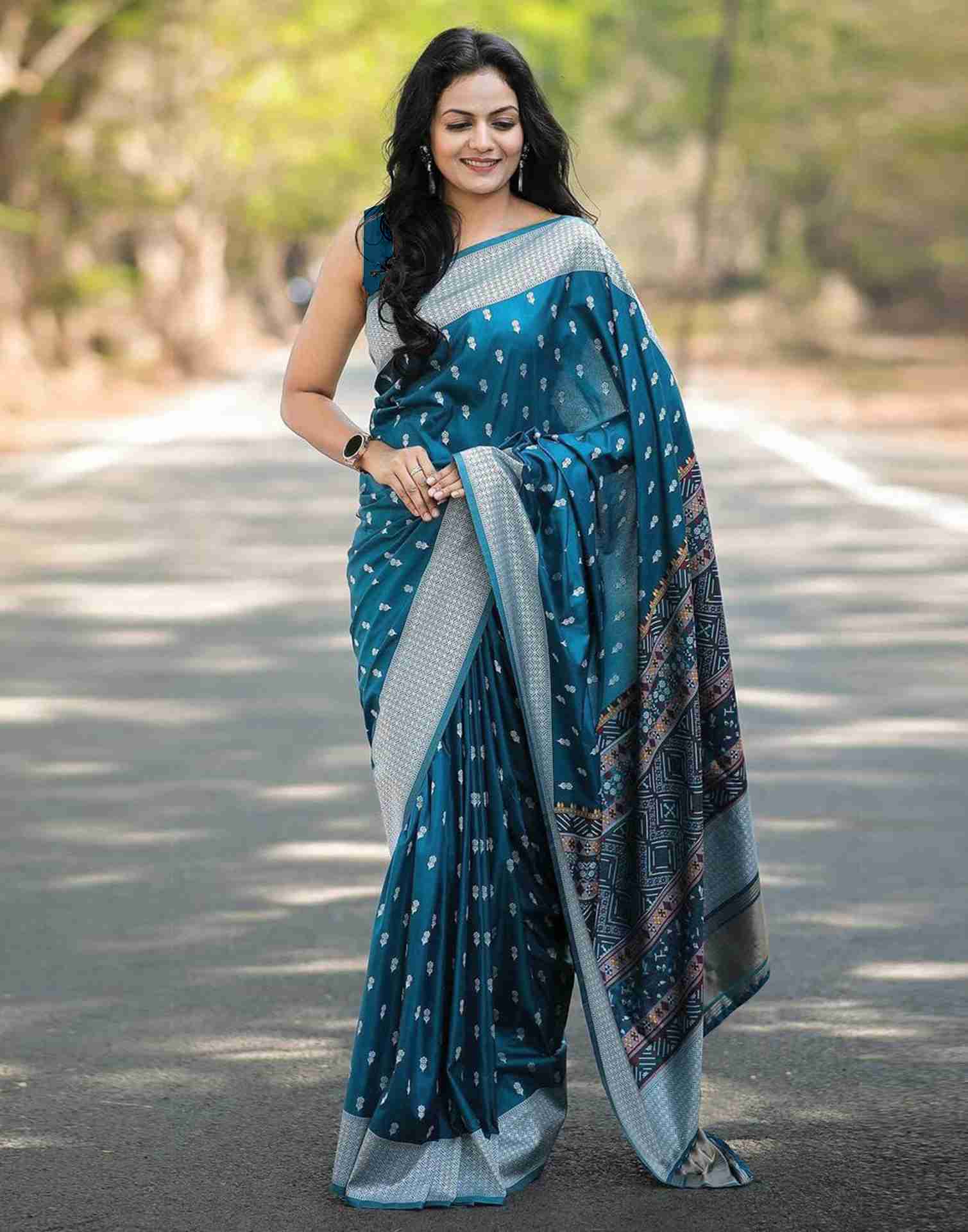 Rama Blue Silk Woven Foil Printed Saree