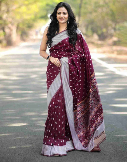 Wine Silk Woven Foil Printed Saree