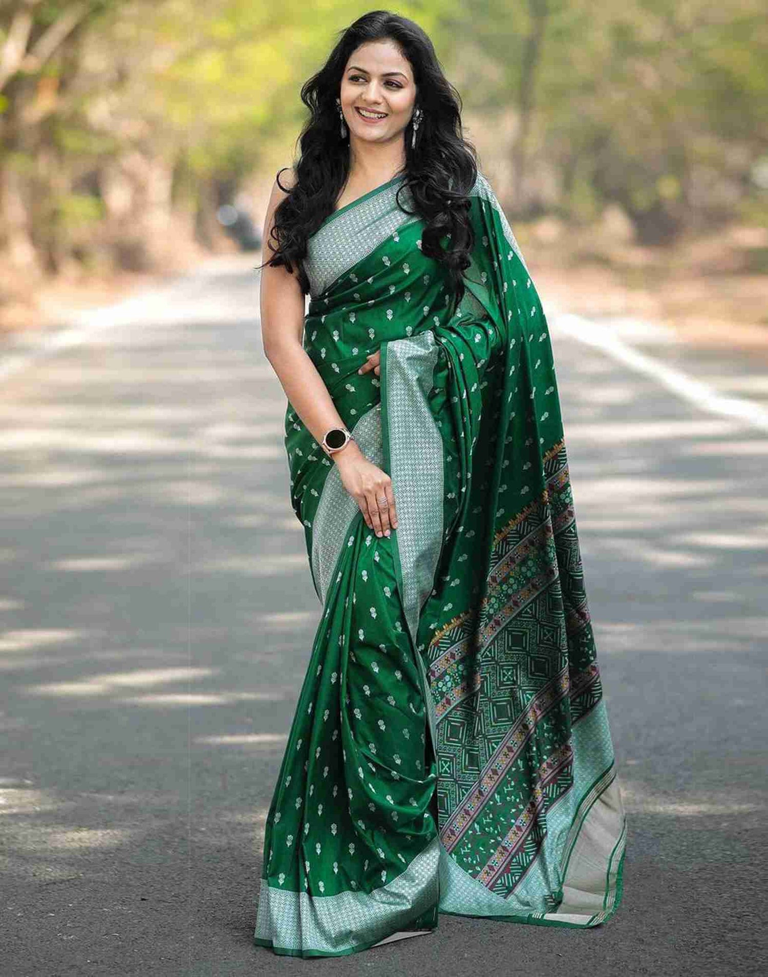 Bottle Green Silk Woven Foil Printed Saree