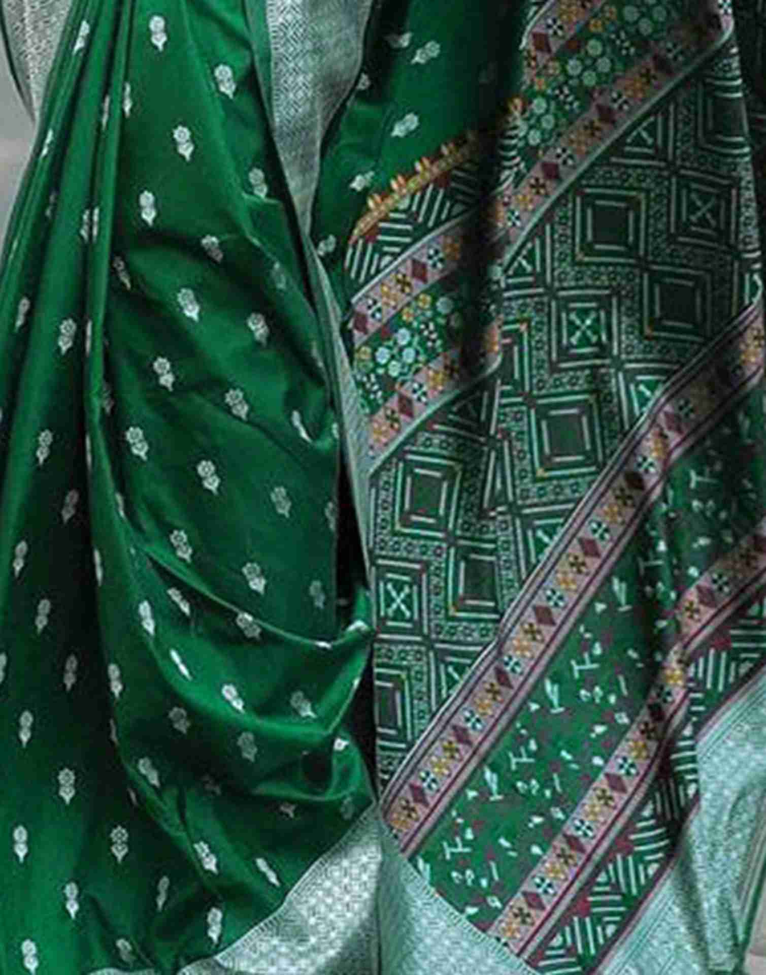 Bottle Green Silk Woven Foil Printed Saree