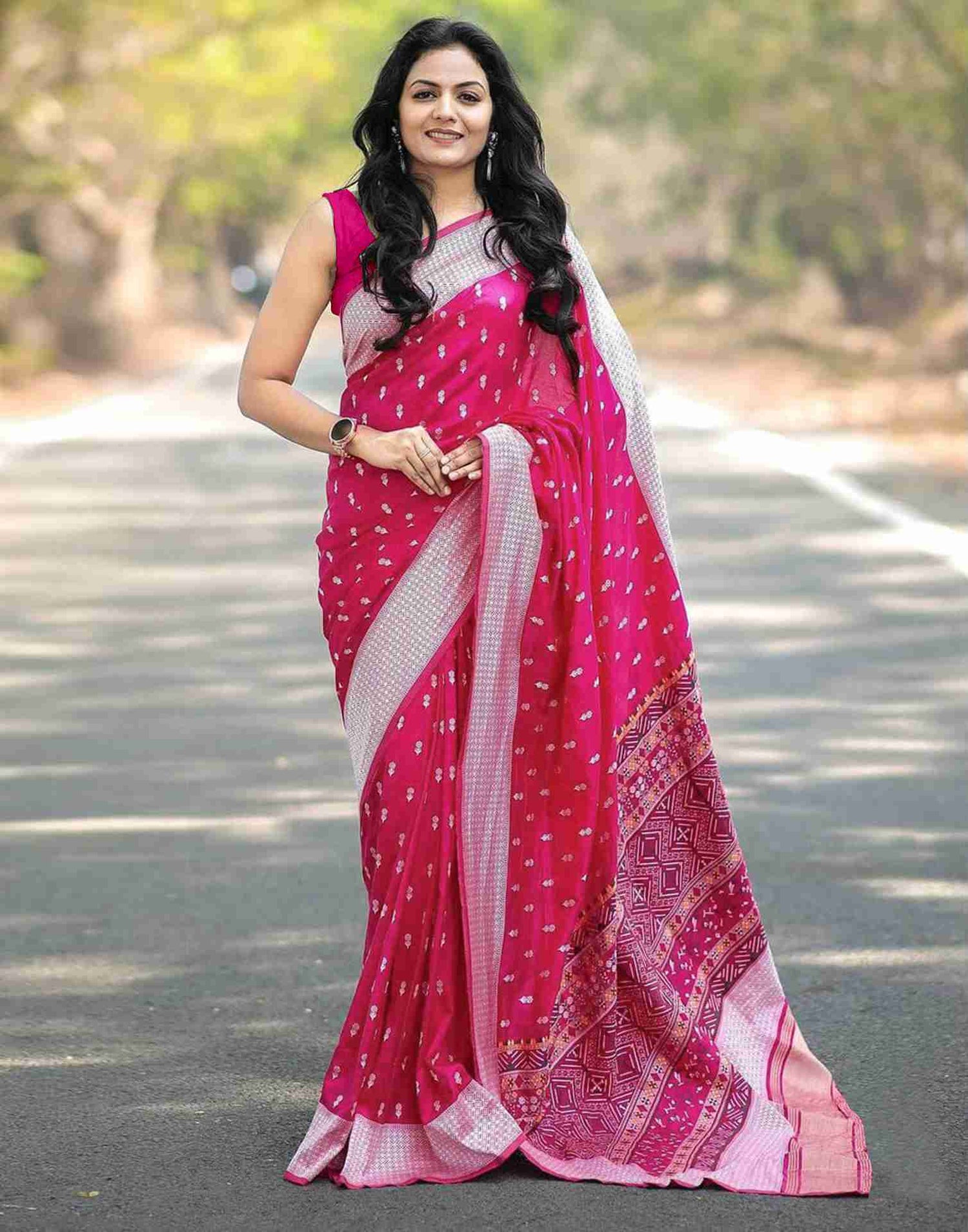 Dark Pink Silk Woven Foil Printed Saree