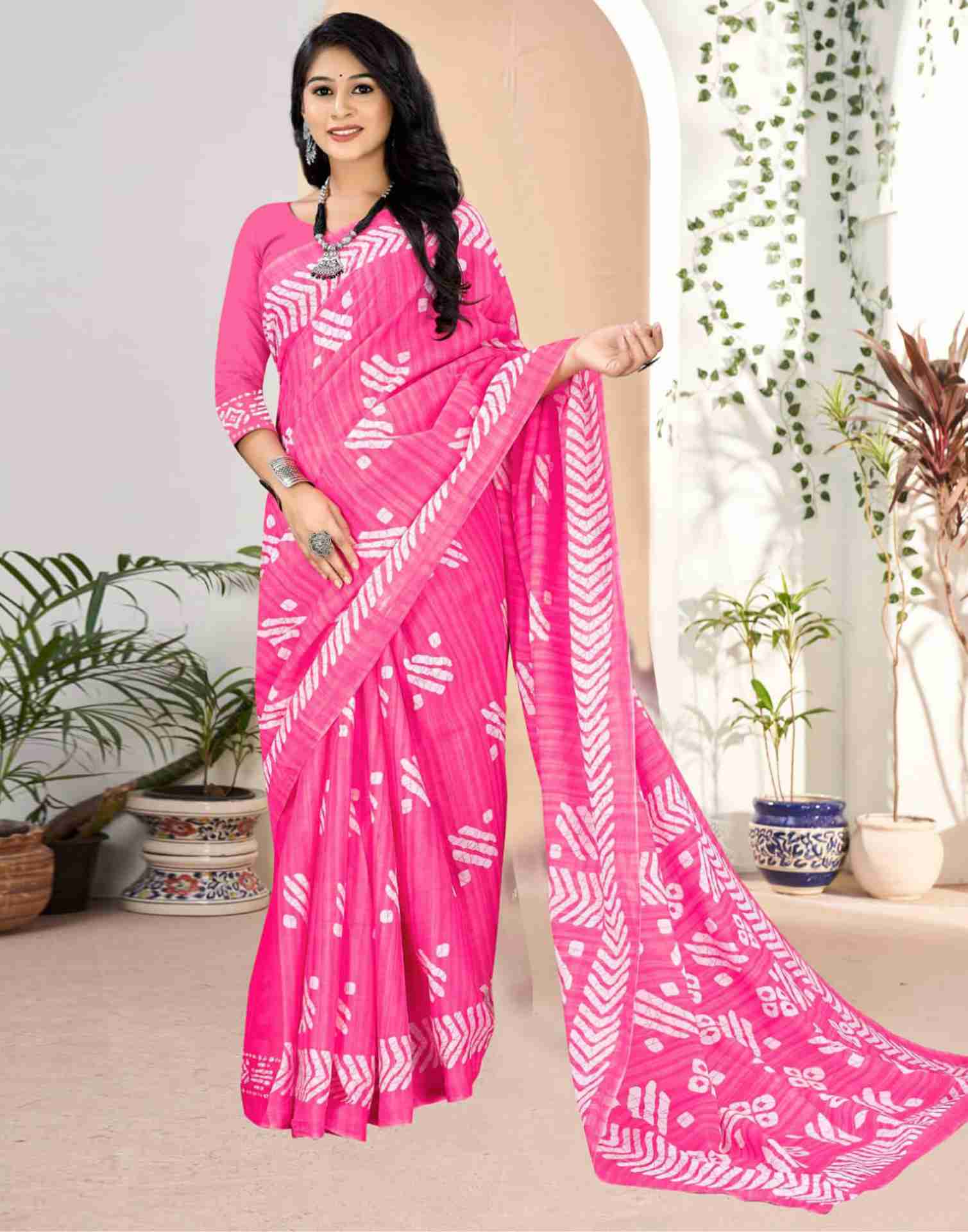 Pink Cotton Geometric Printed Saree