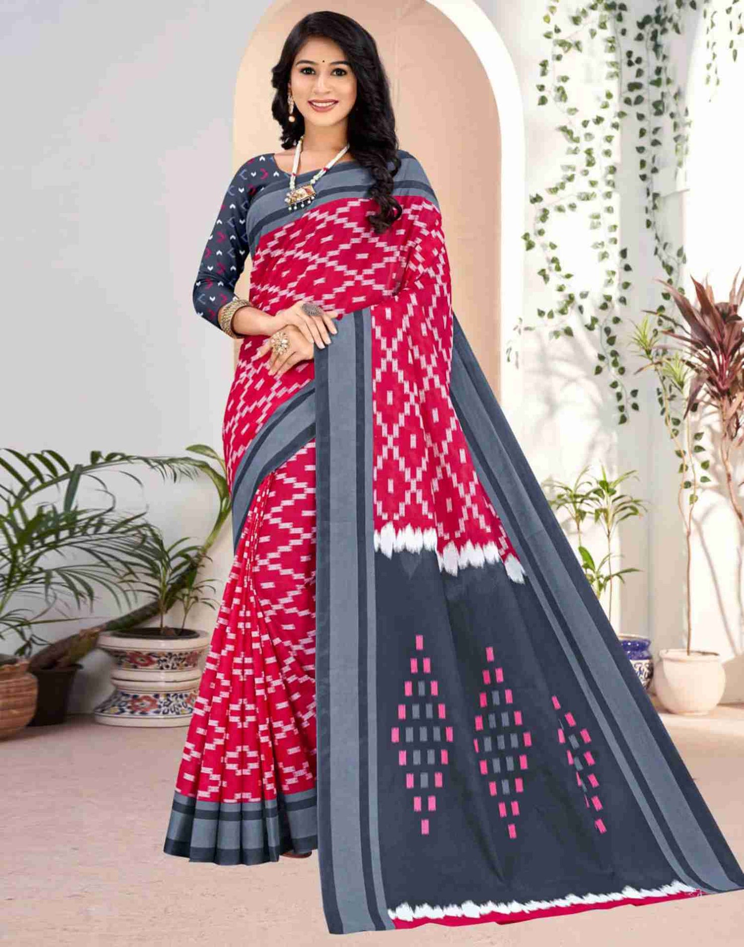 Rani Pink Cotton Geometric Printed Saree