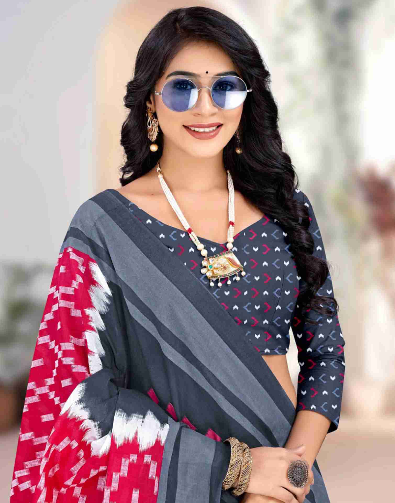 Rani Pink Cotton Geometric Printed Saree