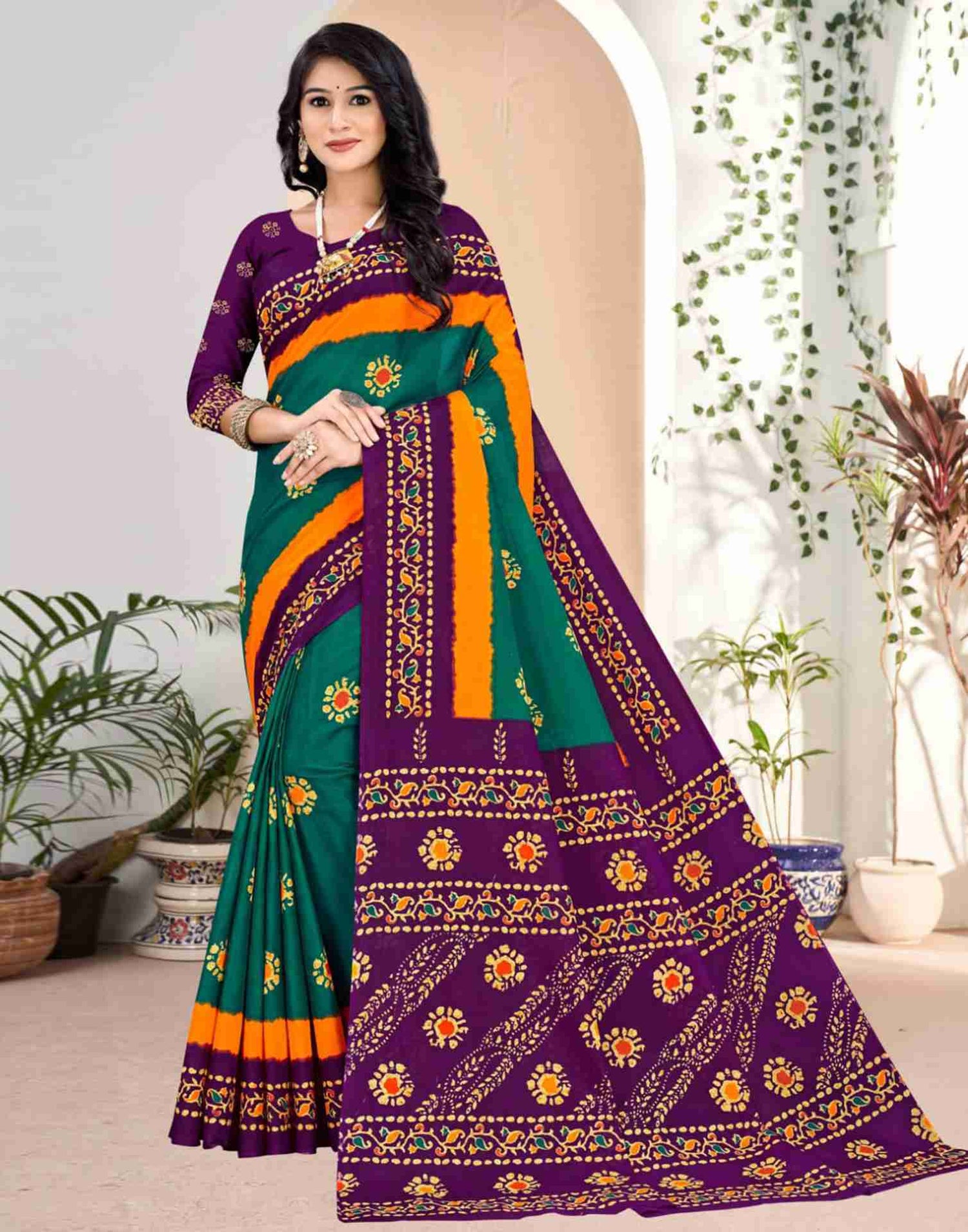 Teal Green Cotton Printed Saree