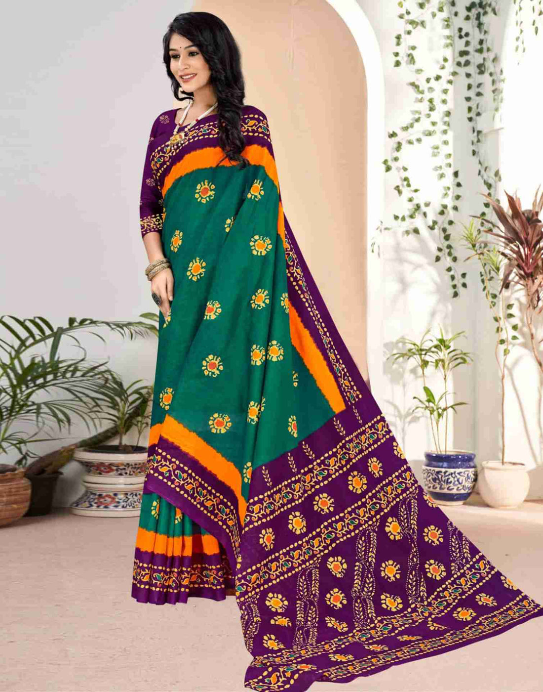 Teal Green Cotton Printed Saree