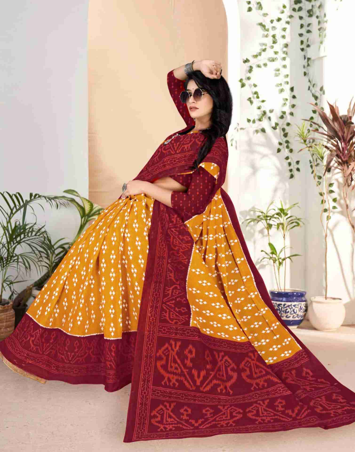 Turmeric Yellow Cotton Printed Saree