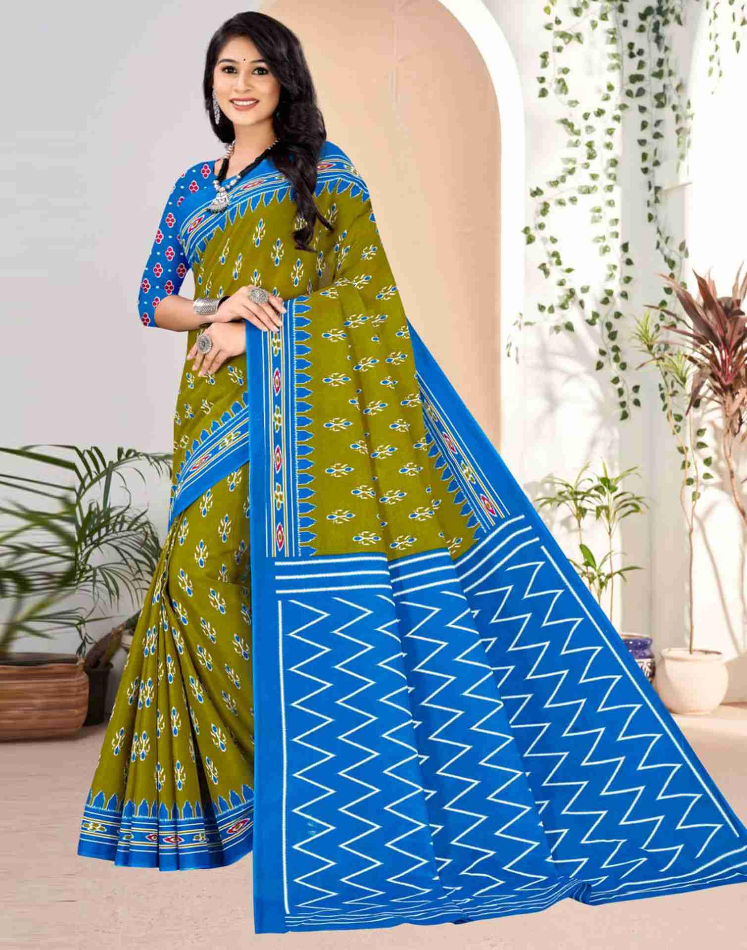 Olive Green Cotton Printed Saree