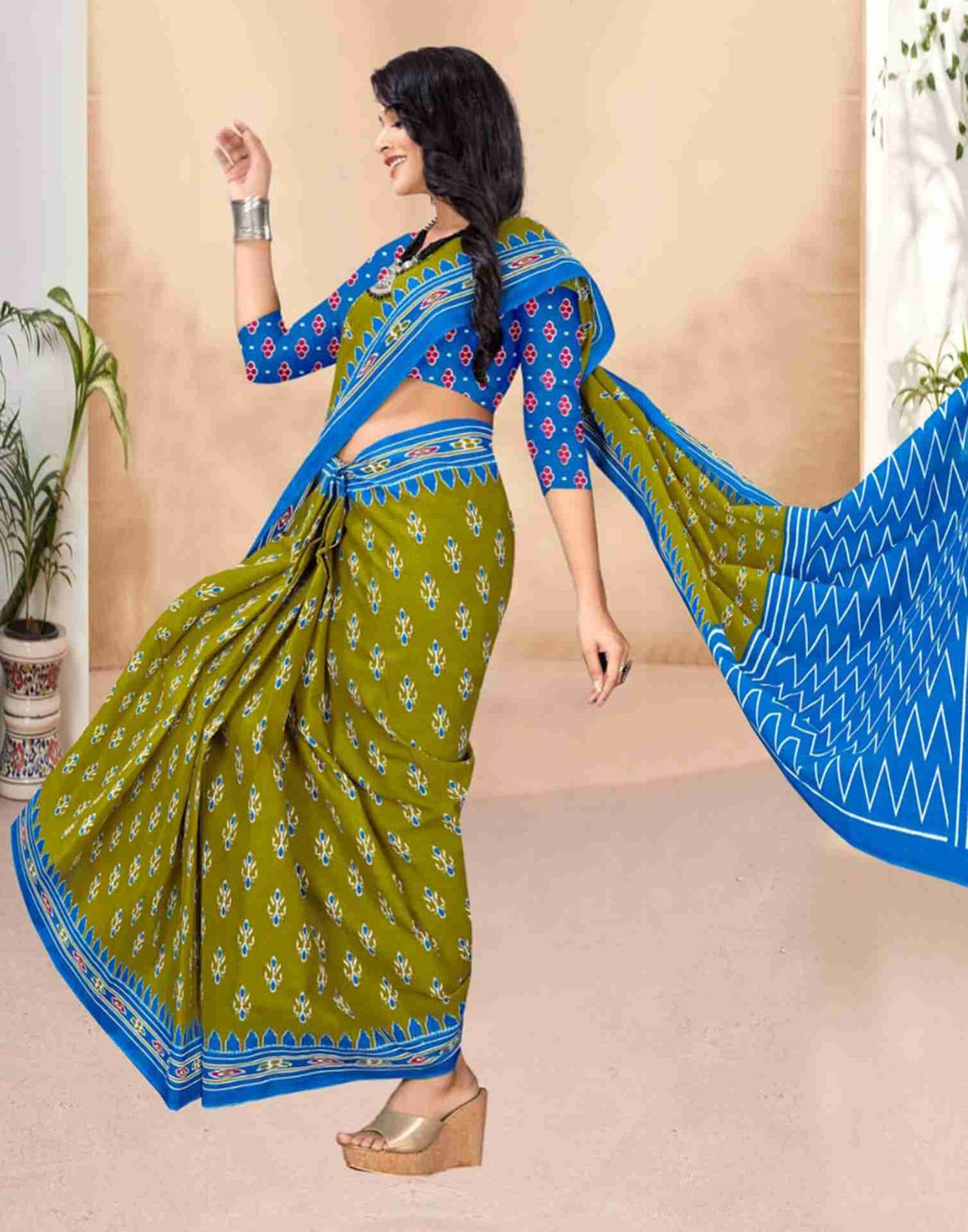 Olive Green Cotton Printed Saree