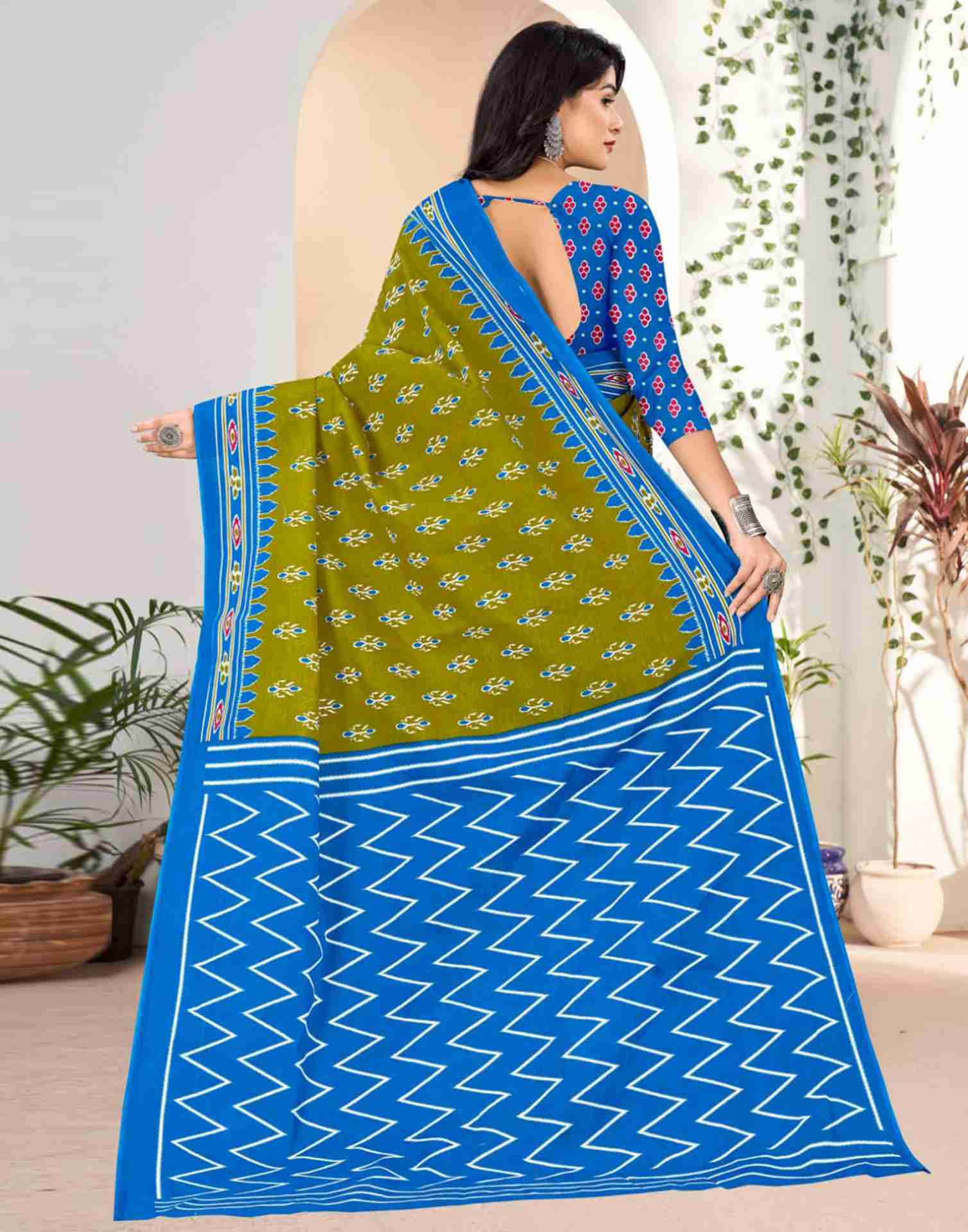 Olive Green Cotton Printed Saree