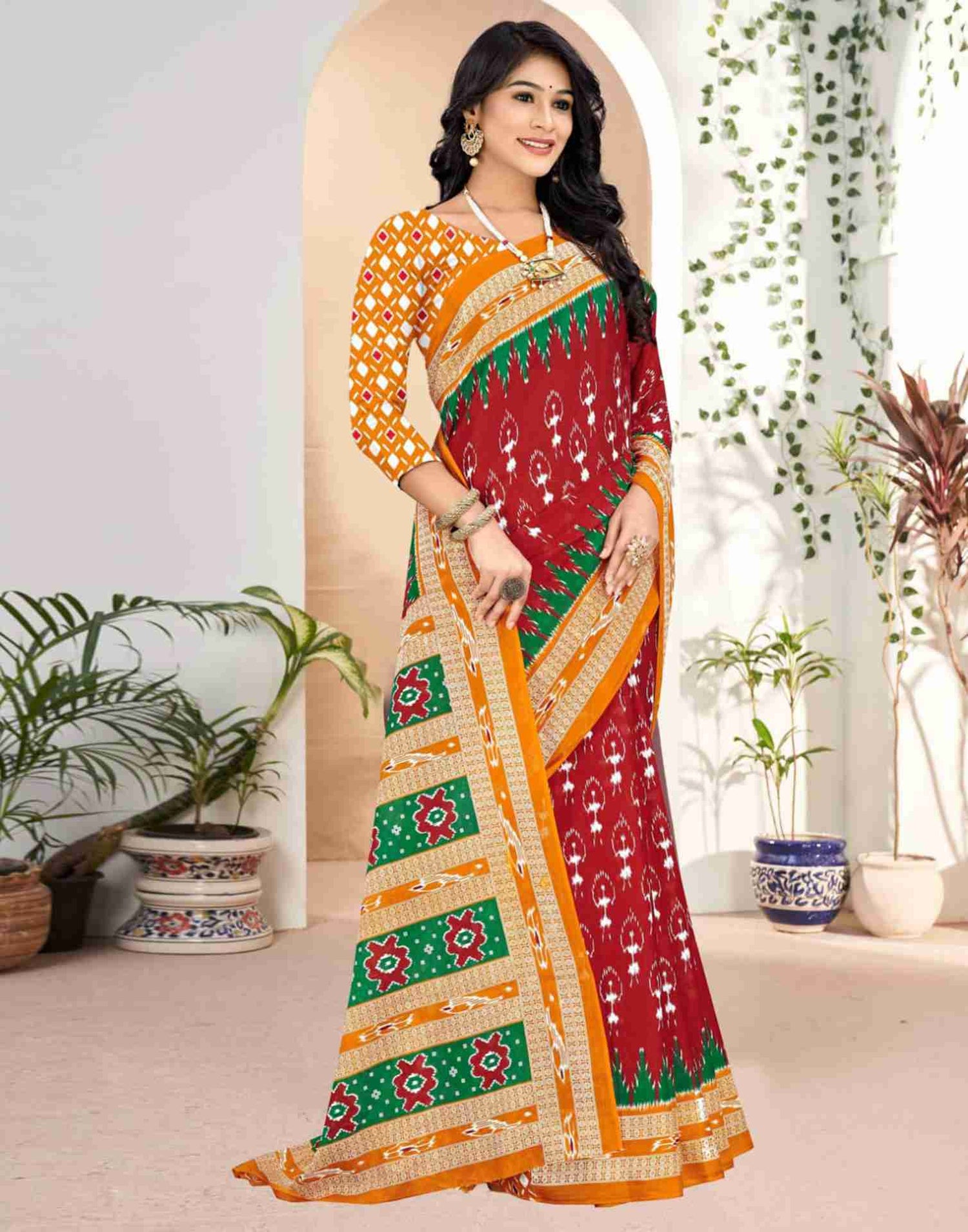 Red Cotton Printed Saree