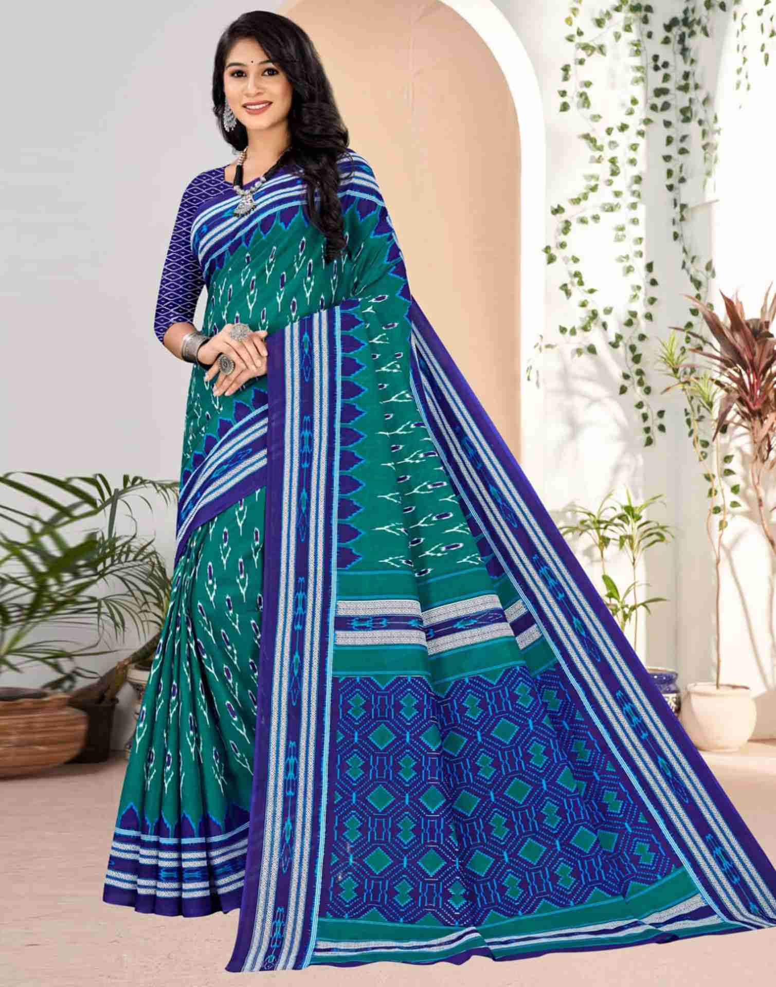 Rama Green Cotton Printed Saree