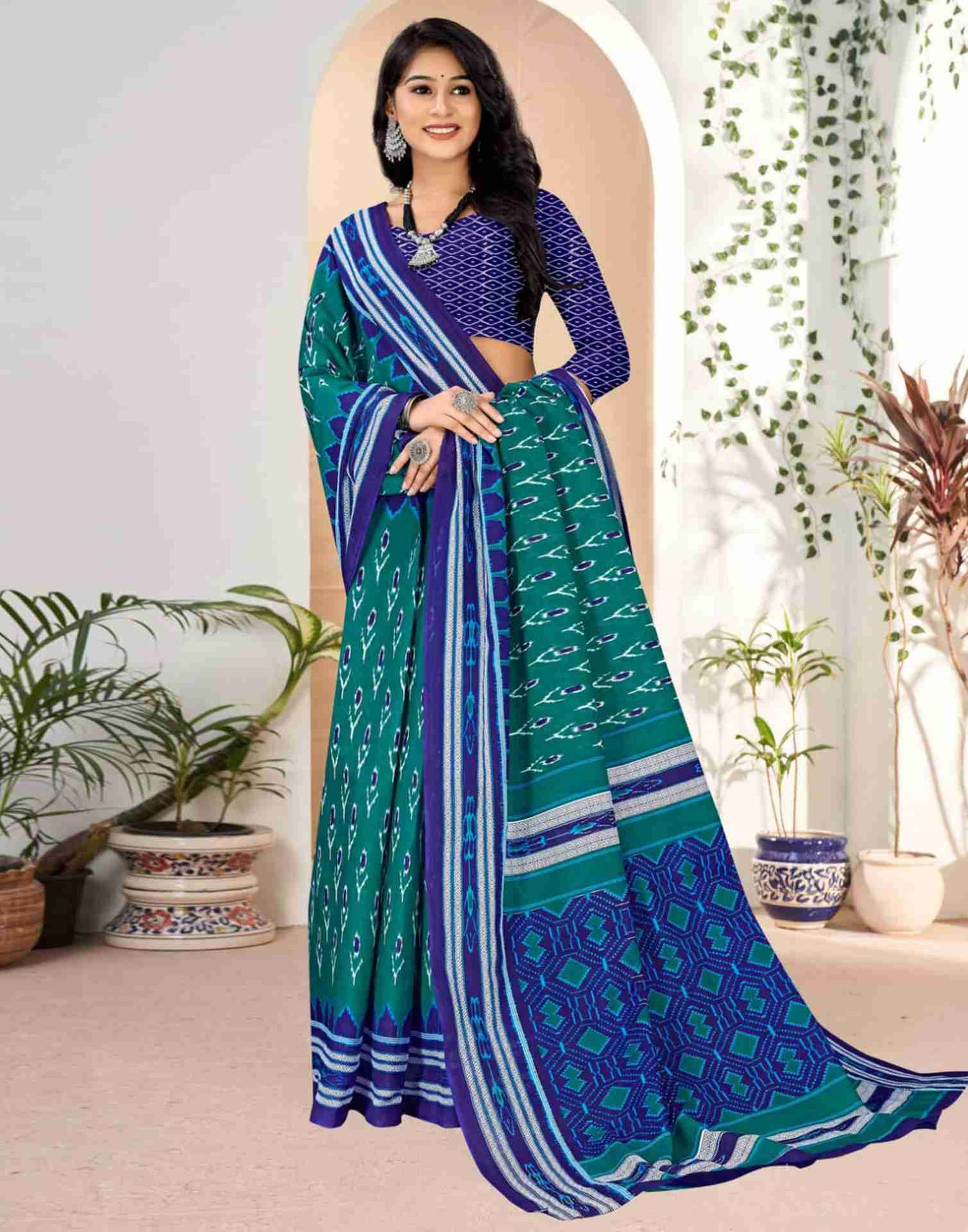 Rama Green Cotton Printed Saree