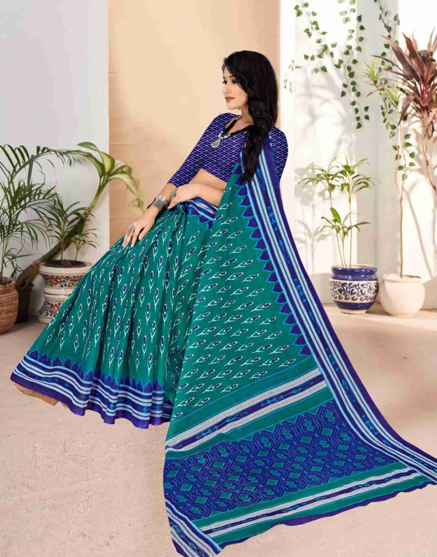 Rama Green Cotton Printed Saree