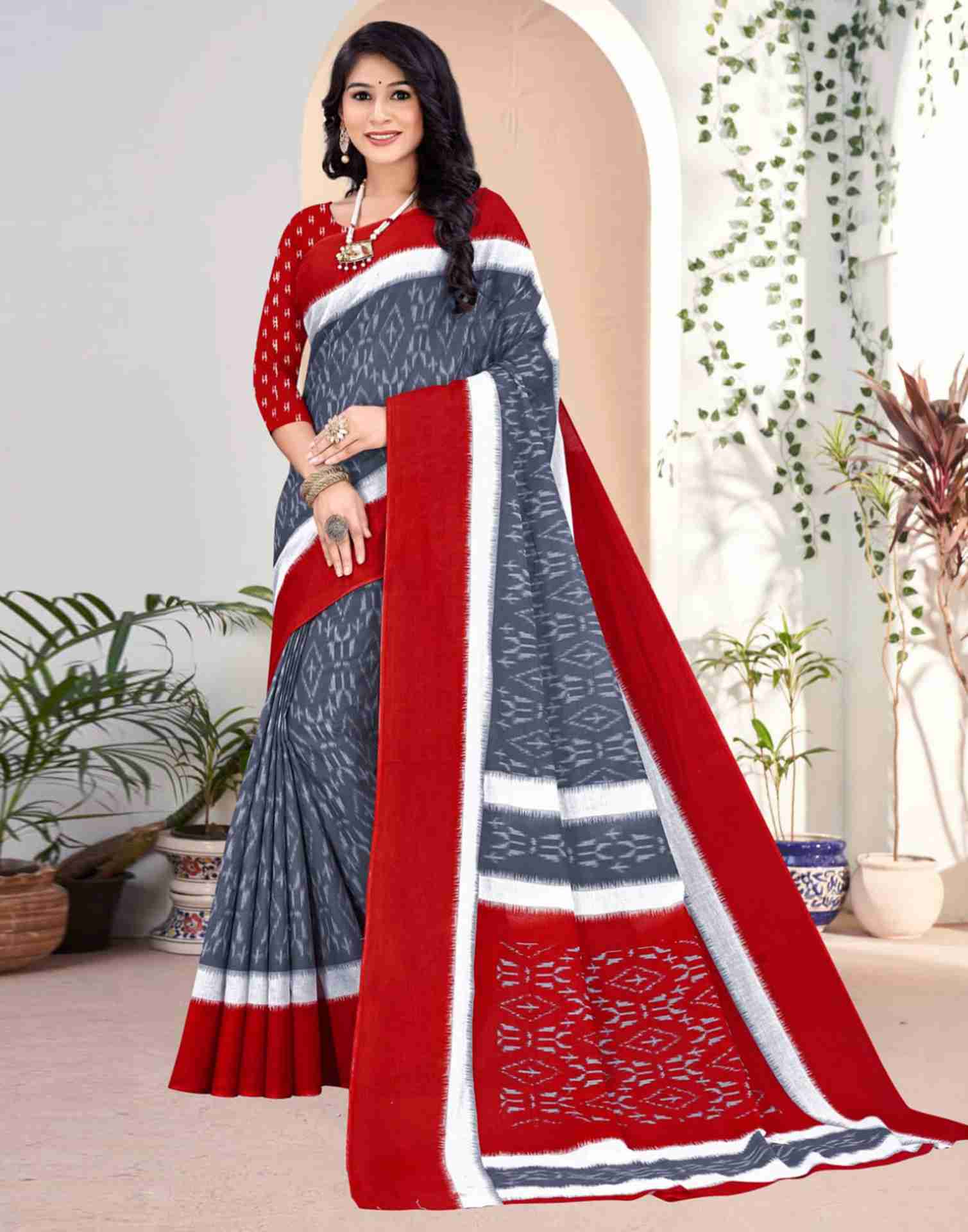 Grey Cotton Geometric Printed Saree