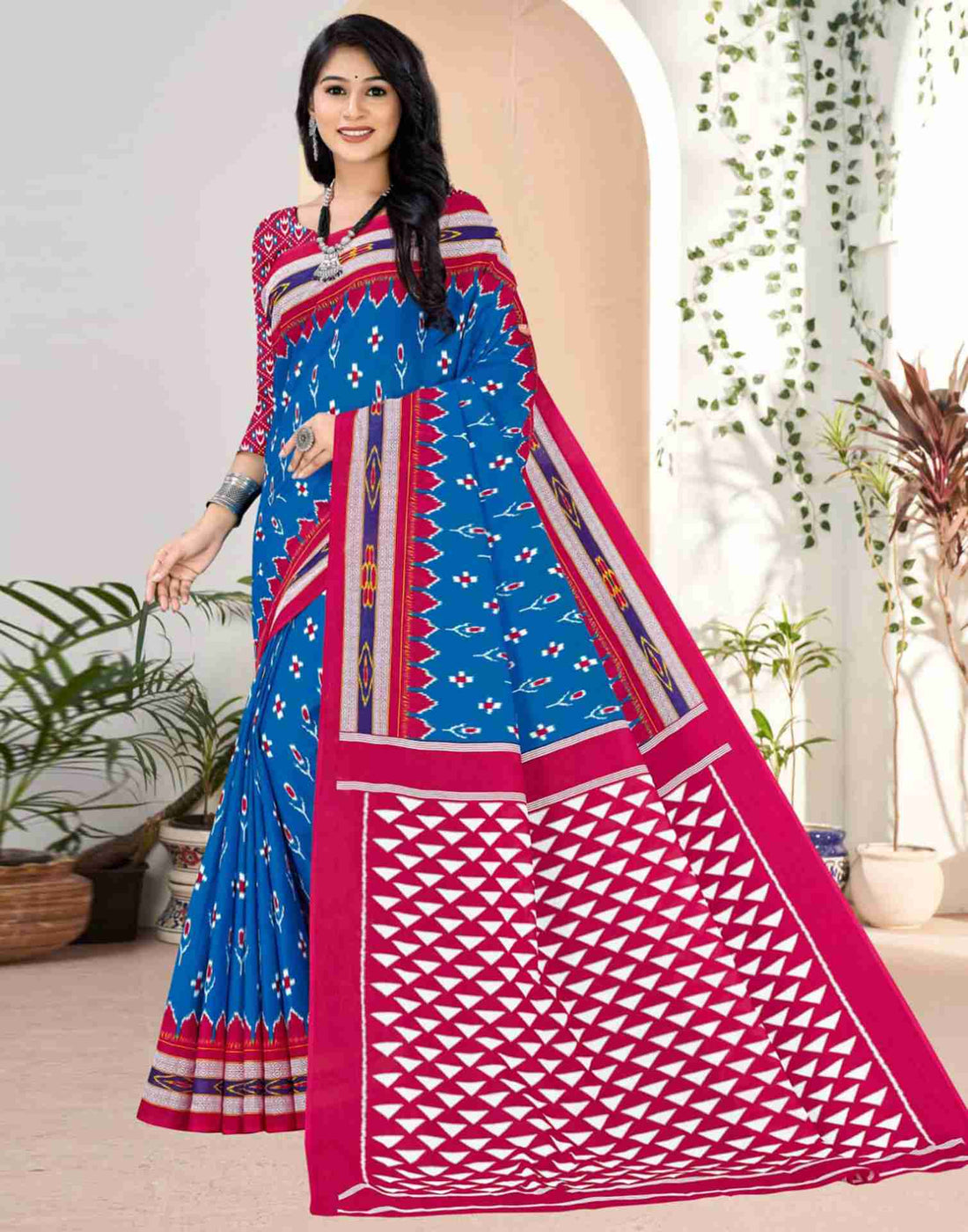 Blue Cotton Printed Saree