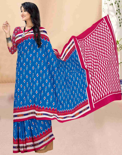 Blue Cotton Printed Saree