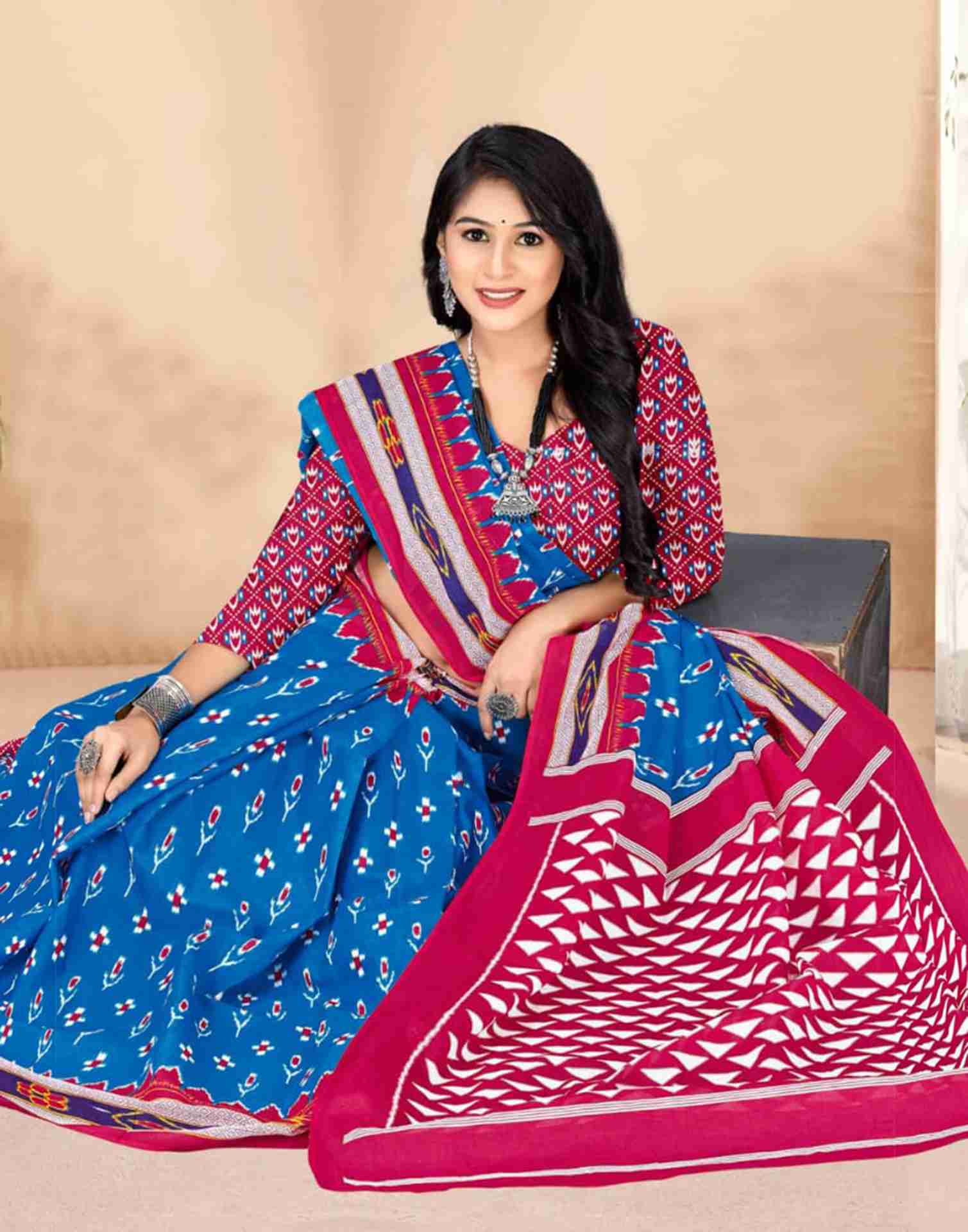 Blue Cotton Printed Saree