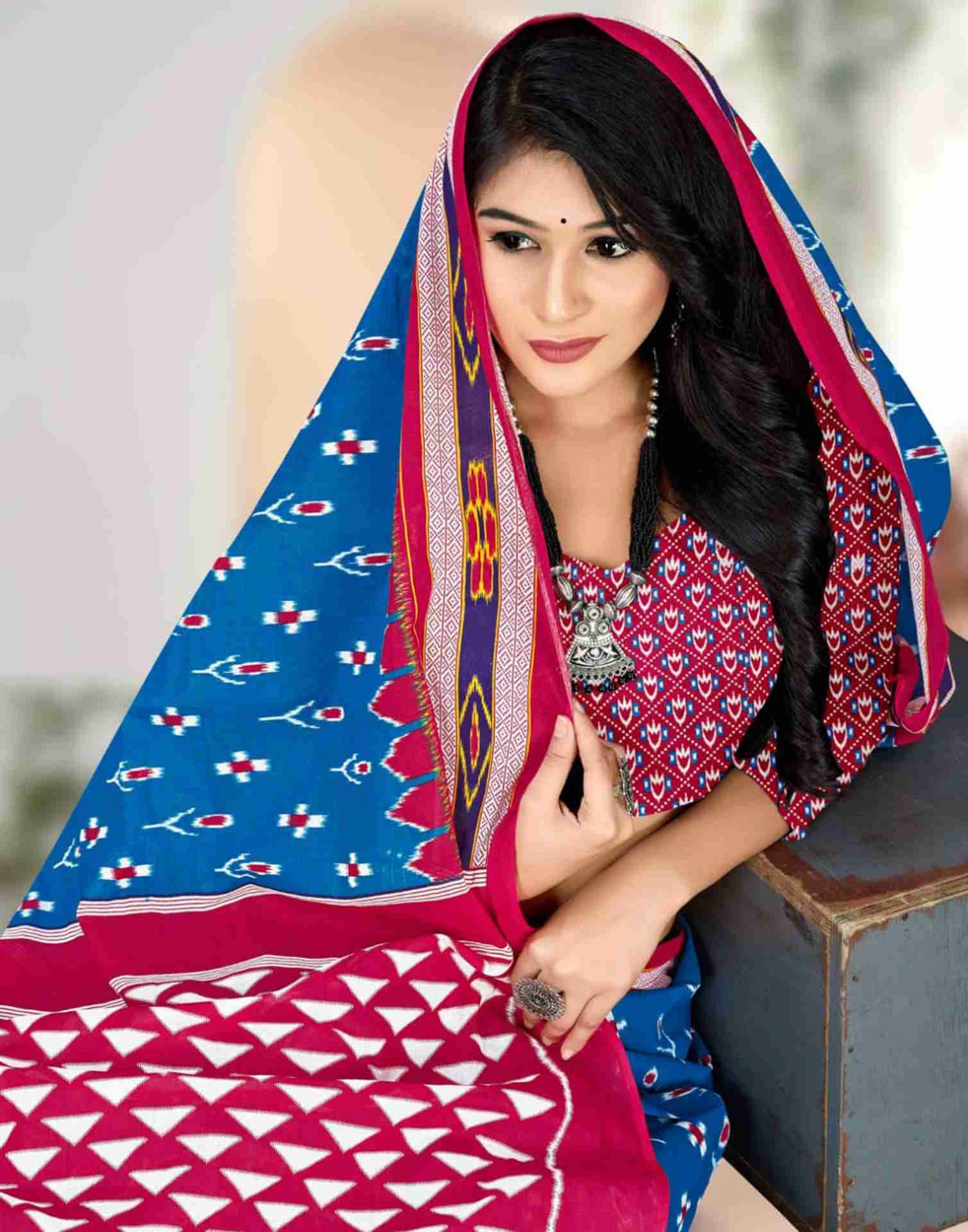 Blue Cotton Printed Saree