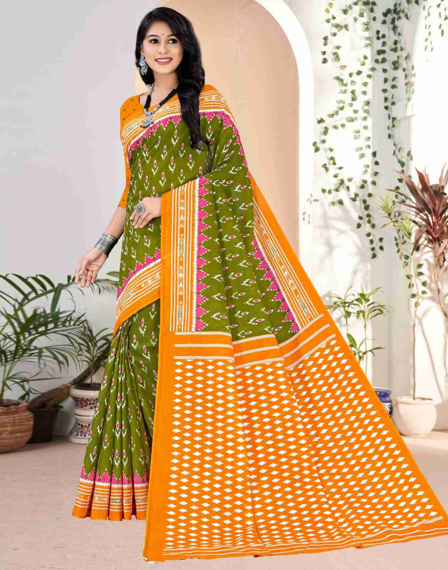 Olive Green Cotton Printed Saree