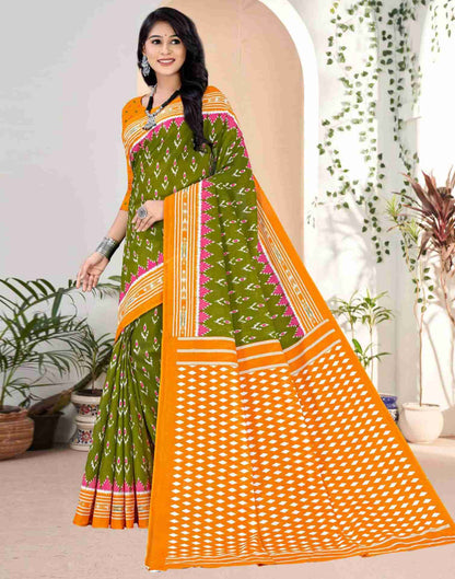 Olive Green Cotton Printed Saree