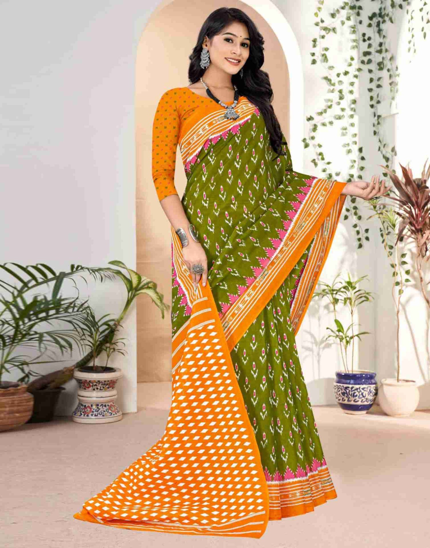 Olive Green Cotton Printed Saree