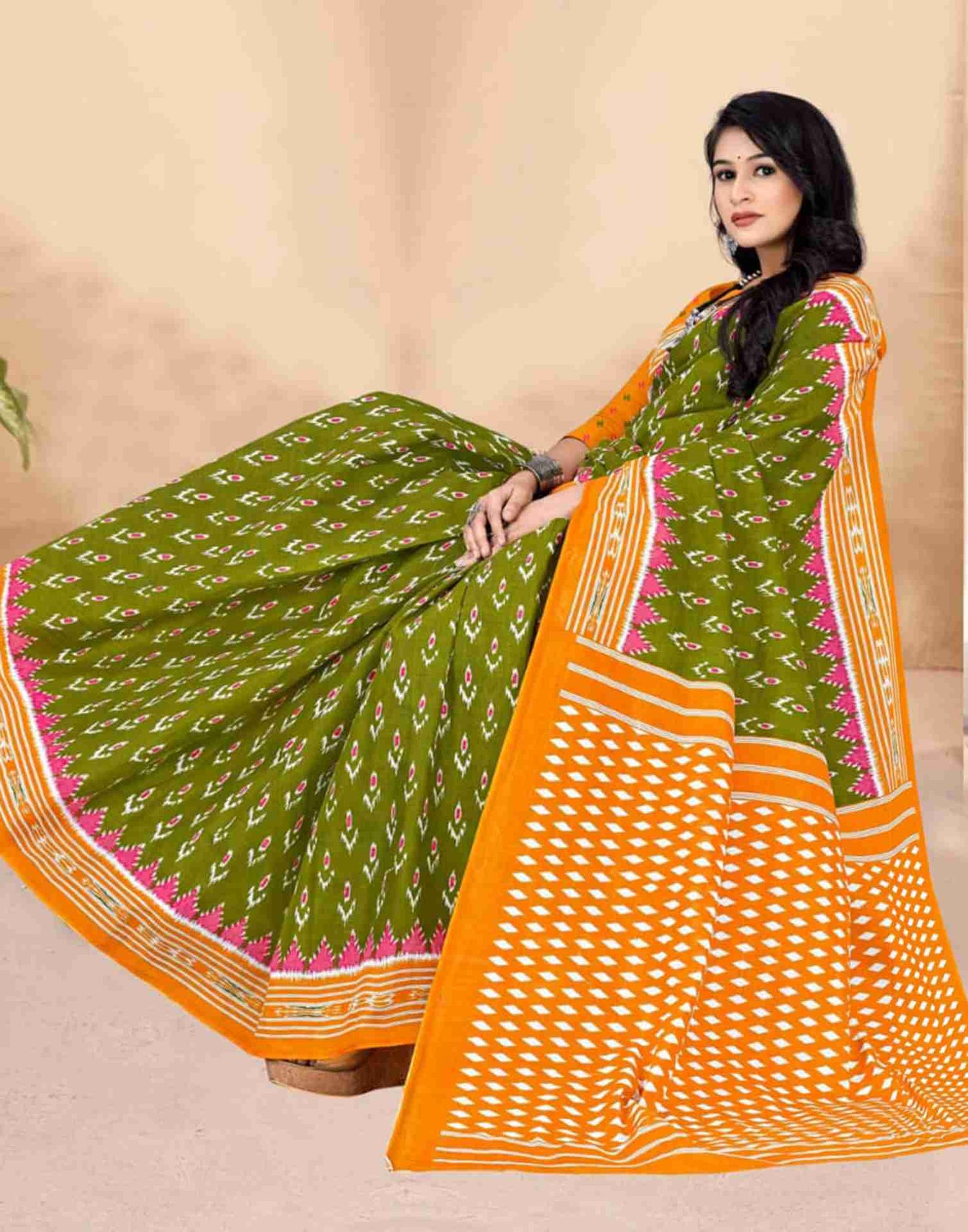 Olive Green Cotton Printed Saree