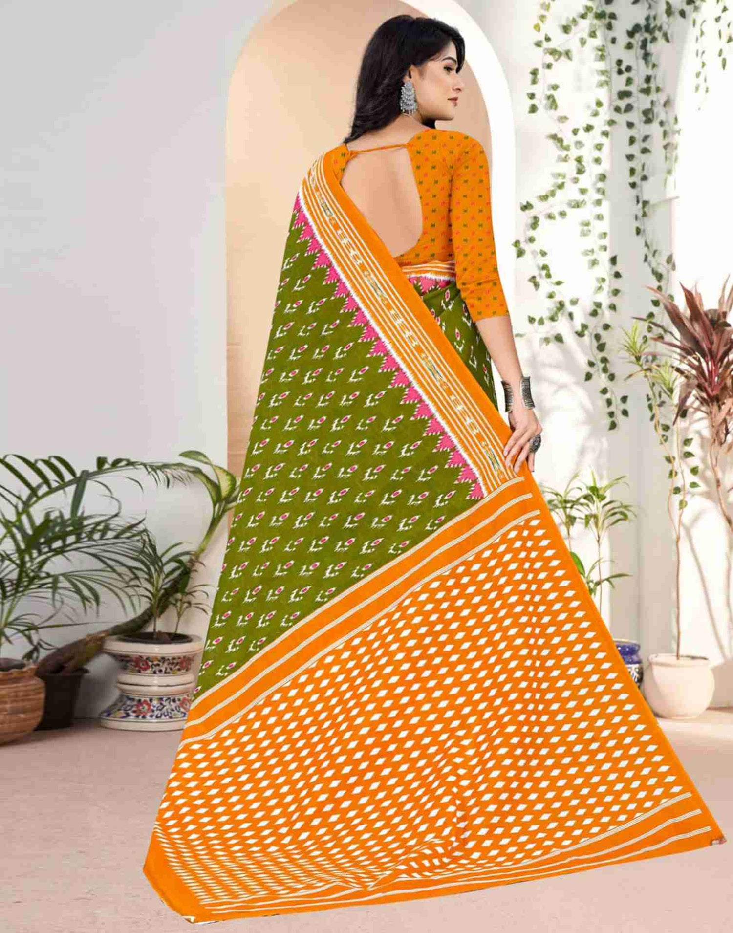 Olive Green Cotton Printed Saree