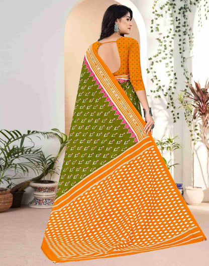 Olive Green Cotton Printed Saree