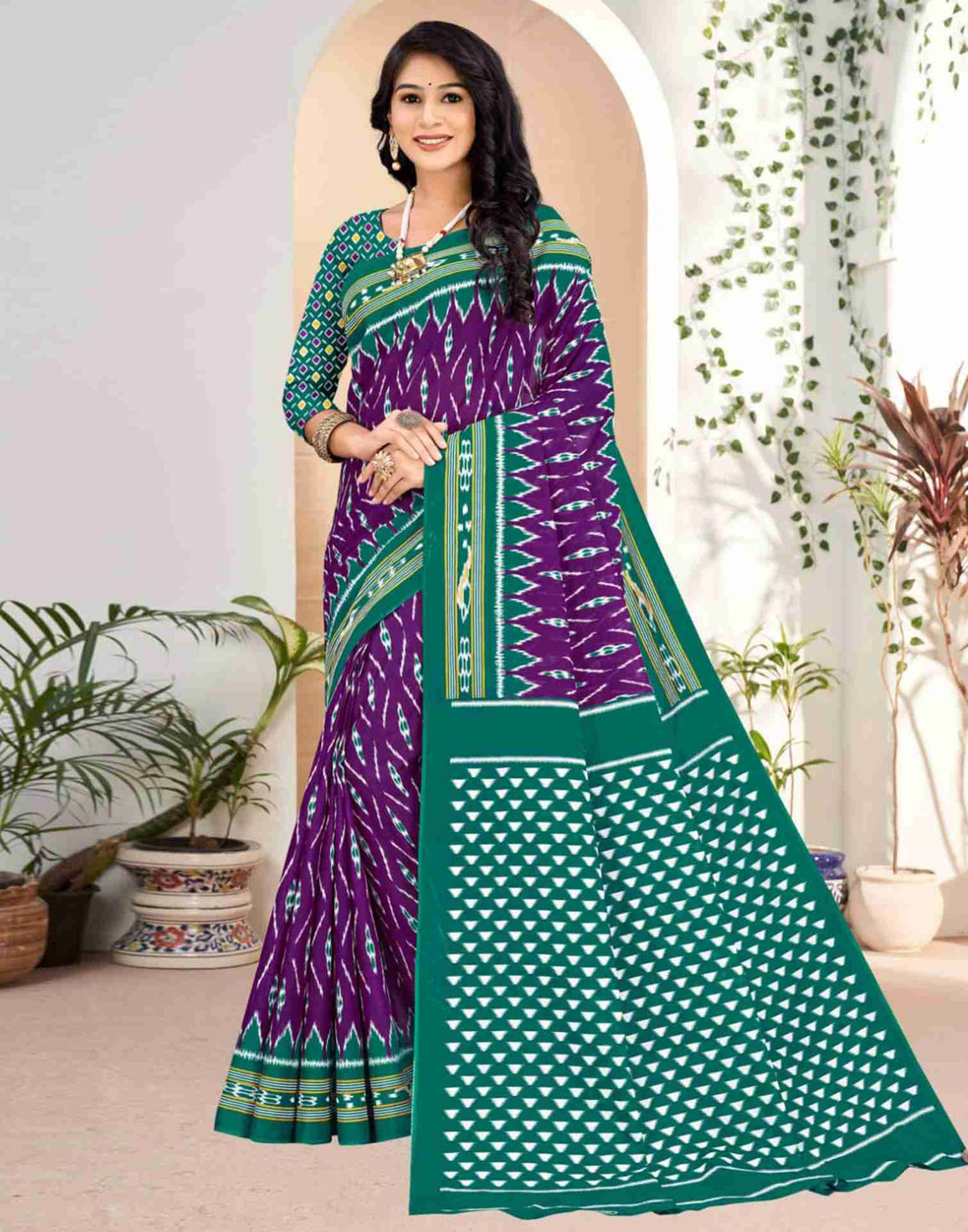 Dark Purple Cotton Geometric Printed Saree