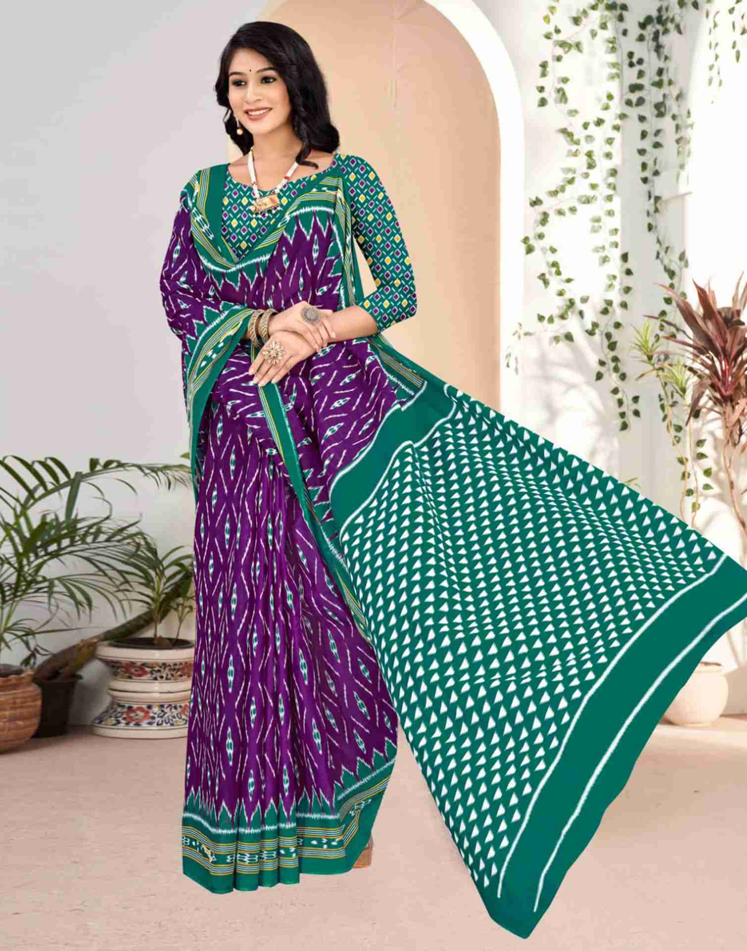 Dark Purple Cotton Geometric Printed Saree