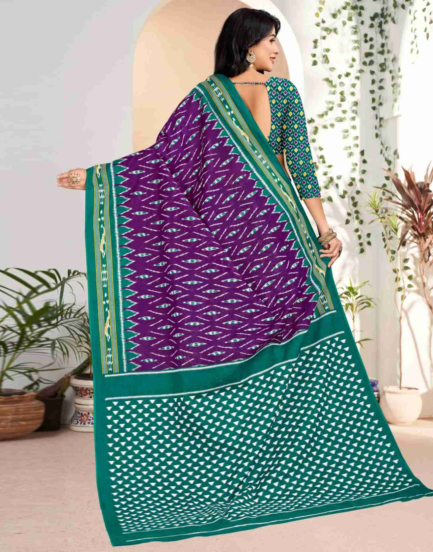 Dark Purple Cotton Geometric Printed Saree