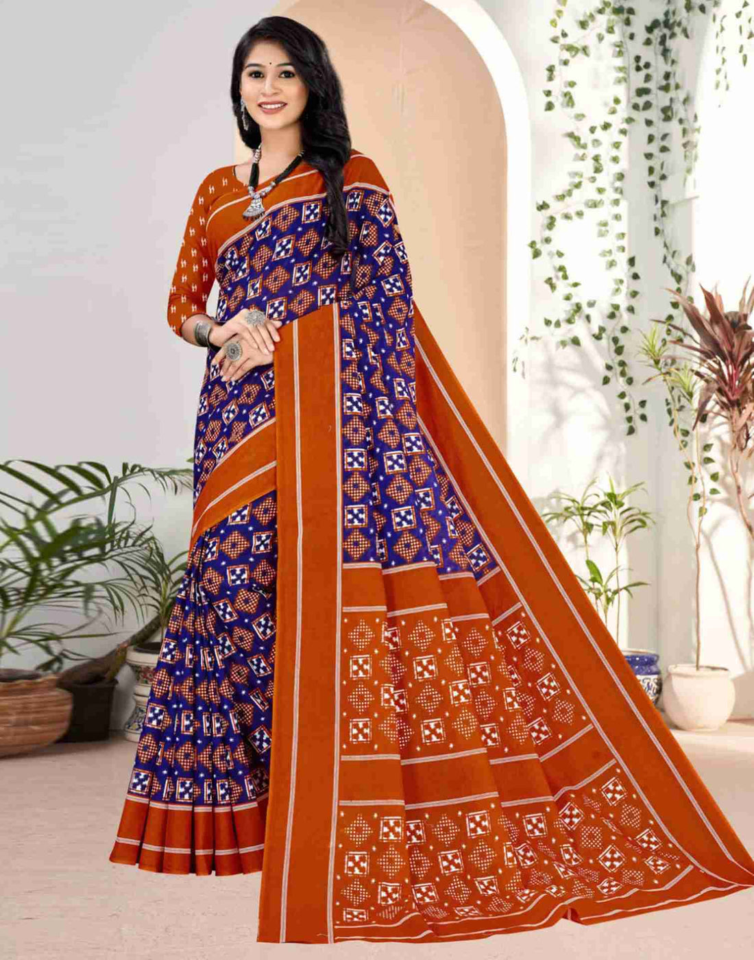 Navy Blue Cotton Geometric Printed Saree