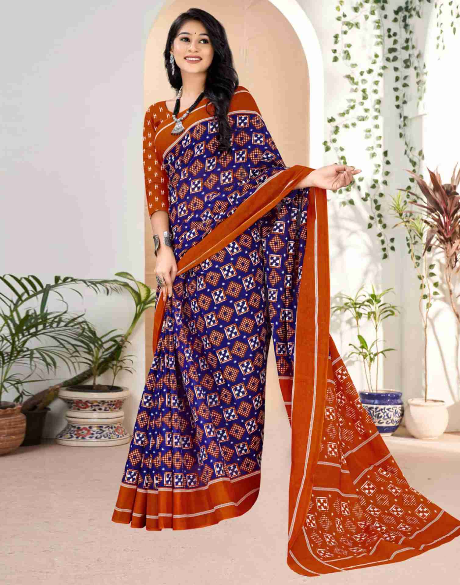 Navy Blue Cotton Geometric Printed Saree