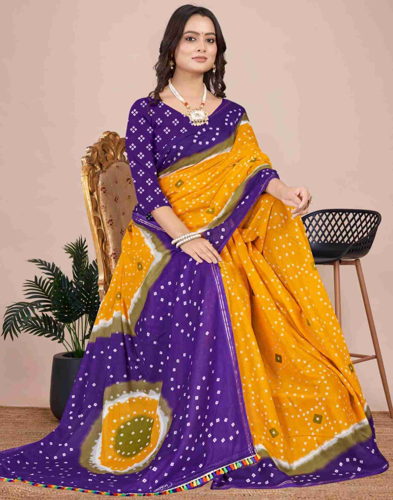 Yellow Cotton Printed Saree