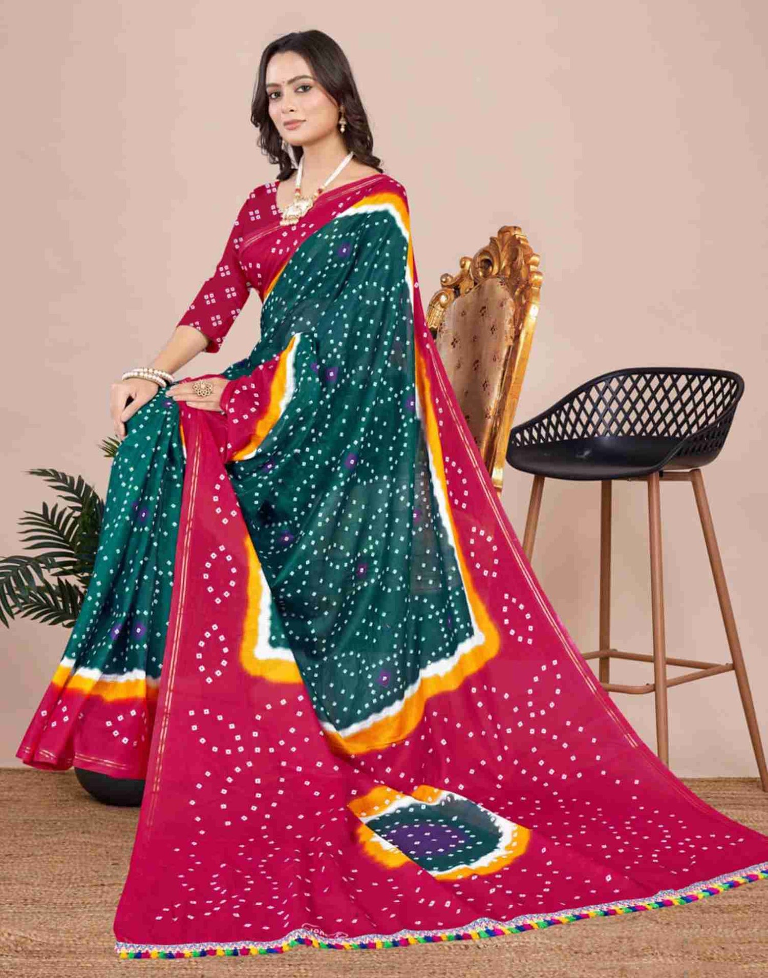 Rama Green Cotton Printed Saree