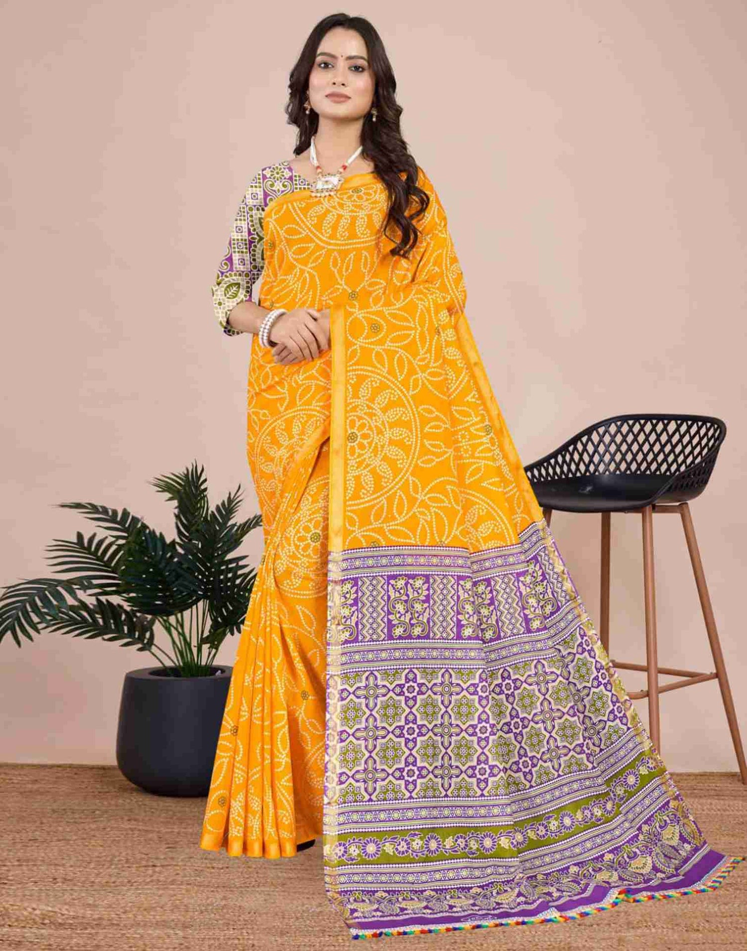 Yellow Cotton Printed Saree