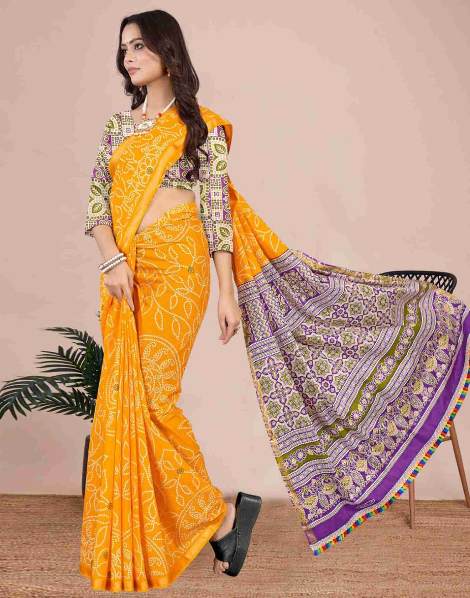 Yellow Cotton Printed Saree