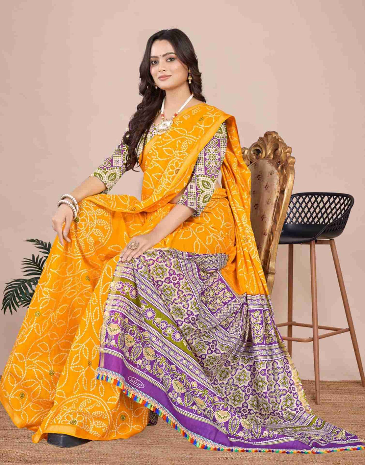 Yellow Cotton Printed Saree