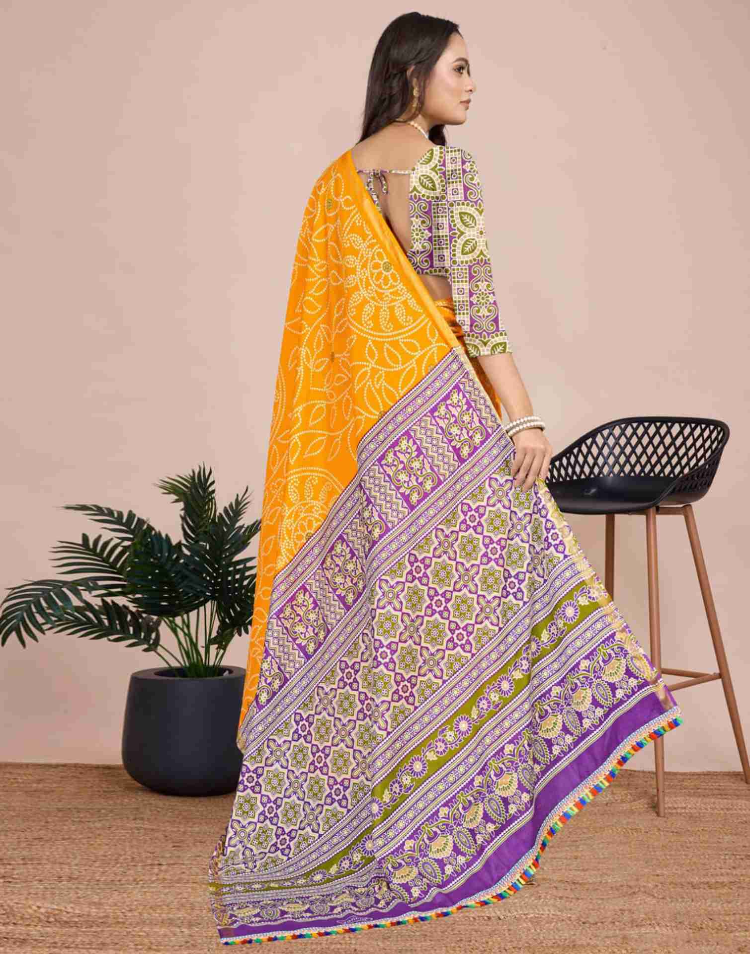 Yellow Cotton Printed Saree