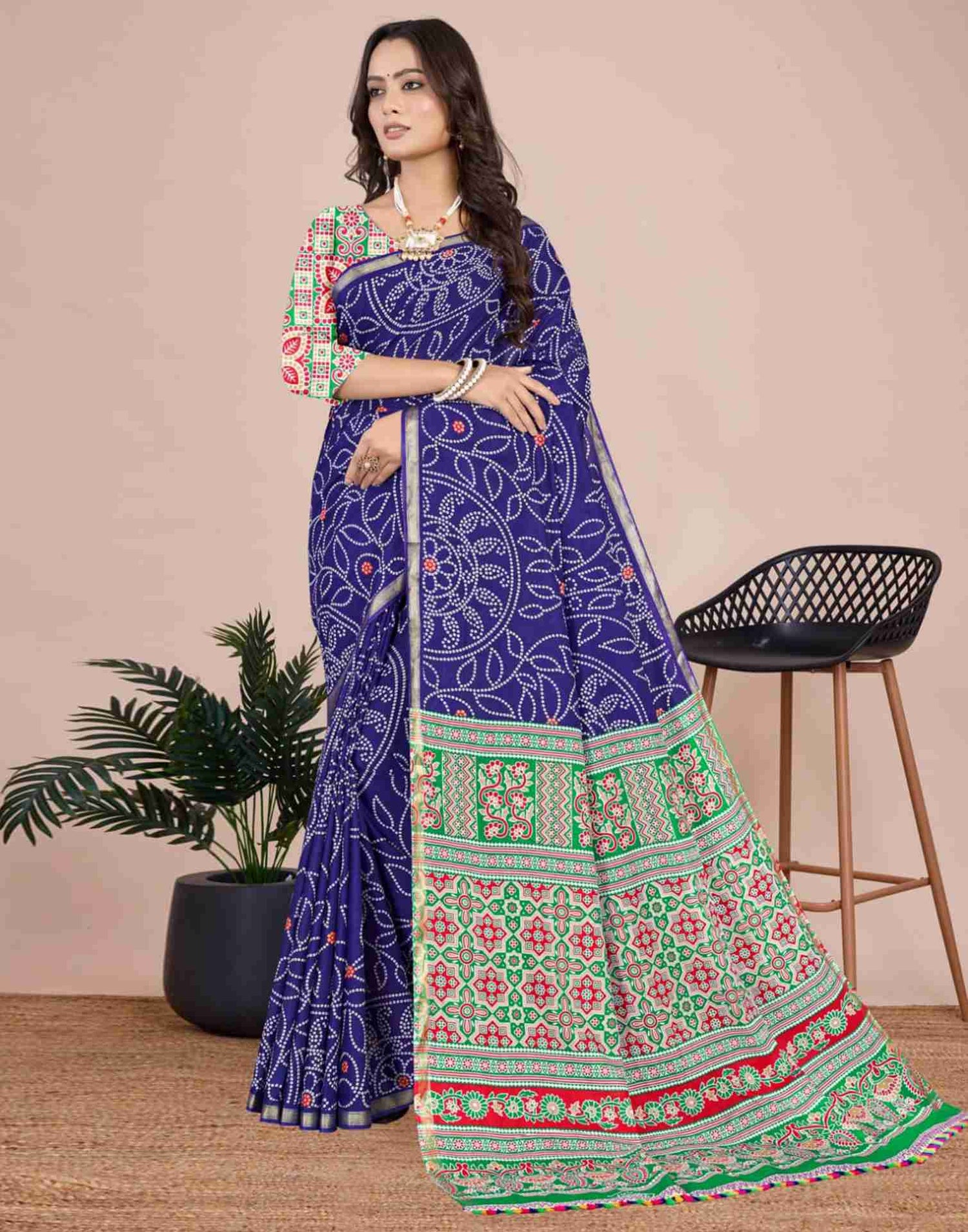 Dark Blue Cotton Printed Saree