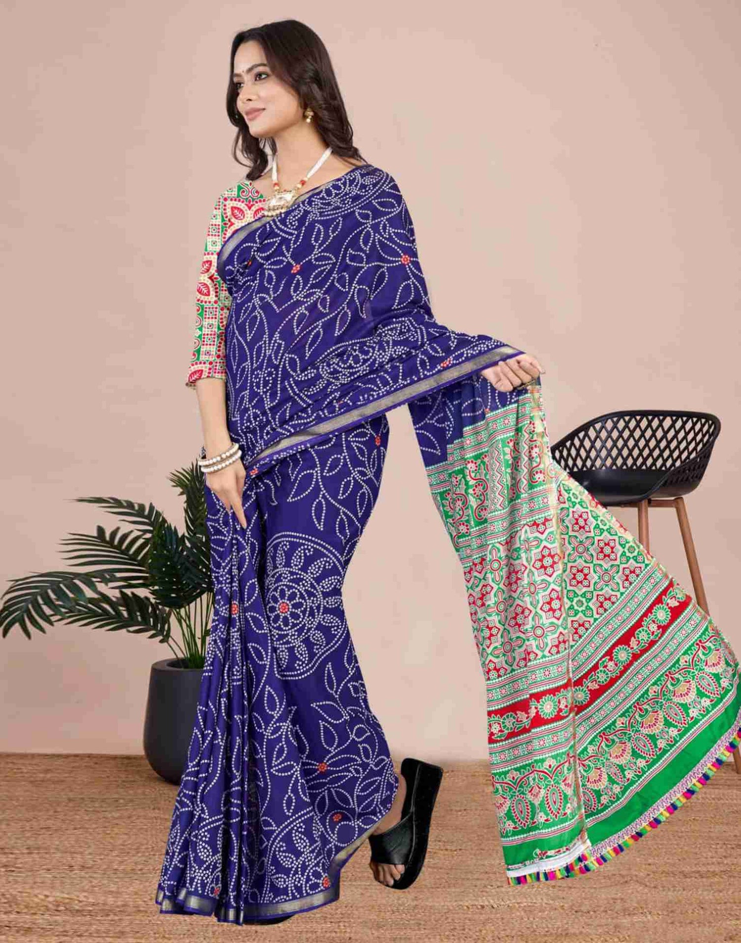 Dark Blue Cotton Printed Saree