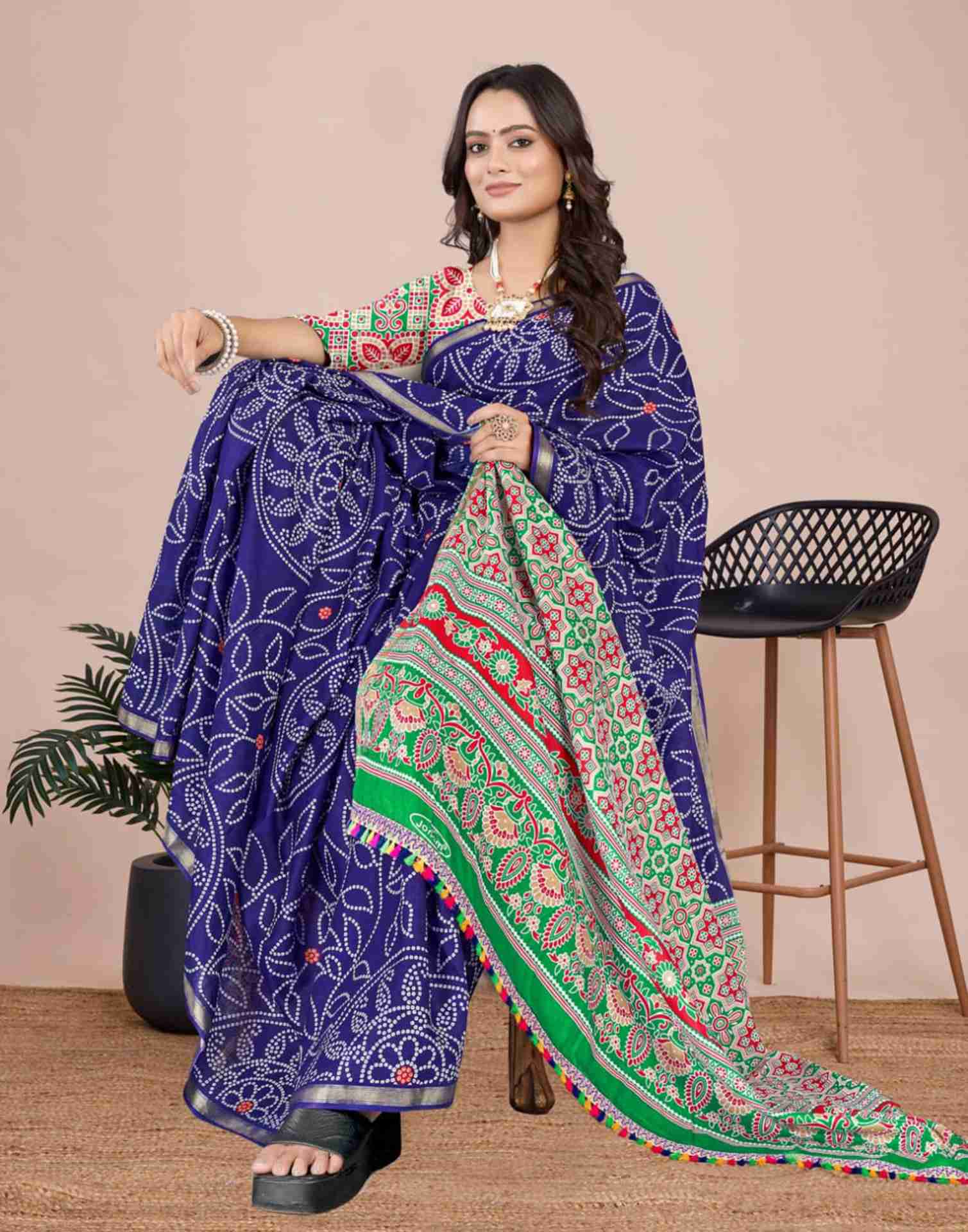 Dark Blue Cotton Printed Saree