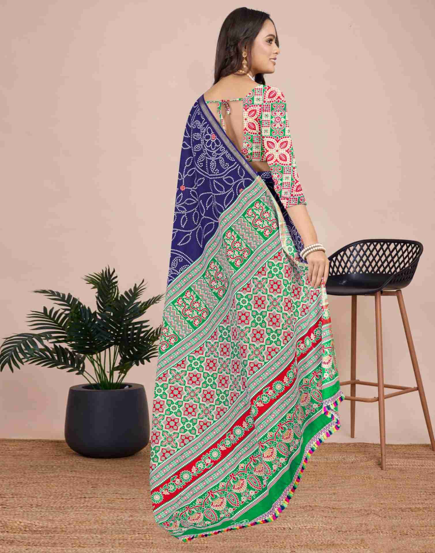 Dark Blue Cotton Printed Saree