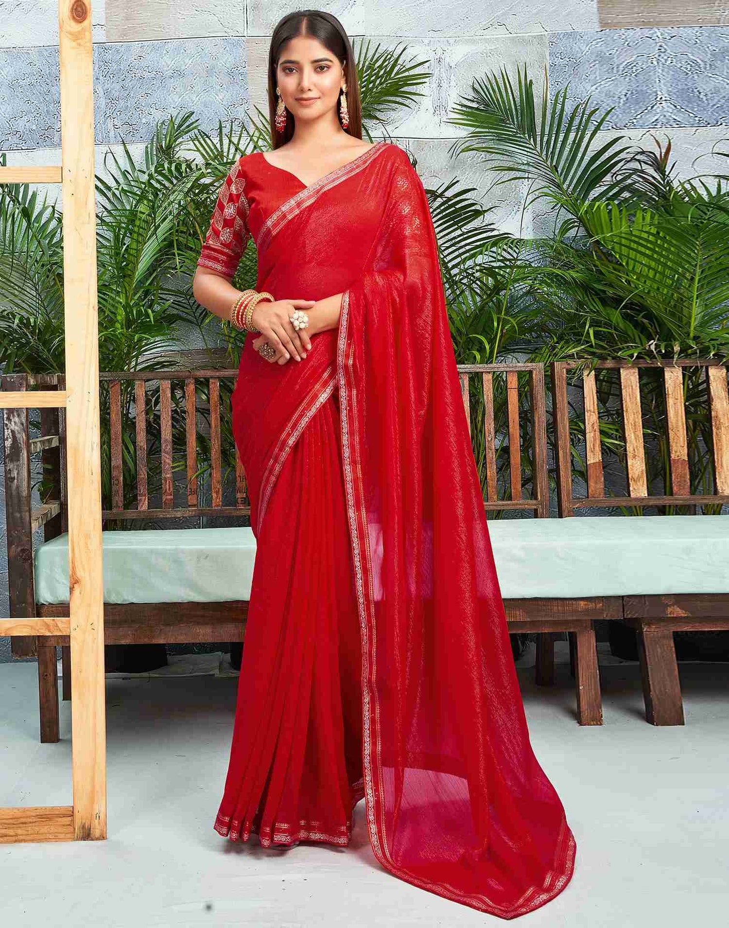 Red Chiffon Zari Stripe Plain Saree