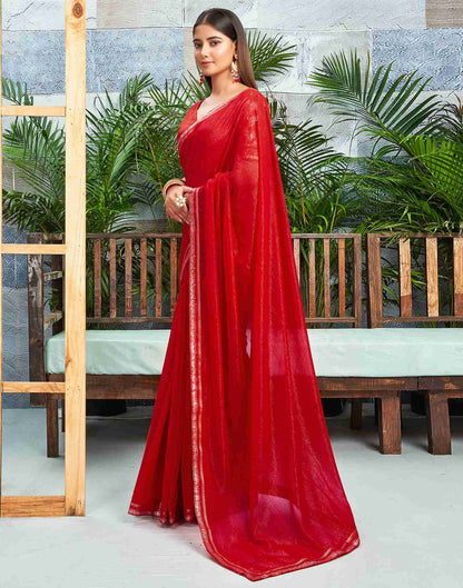 Red Chiffon Zari Stripe Plain Saree