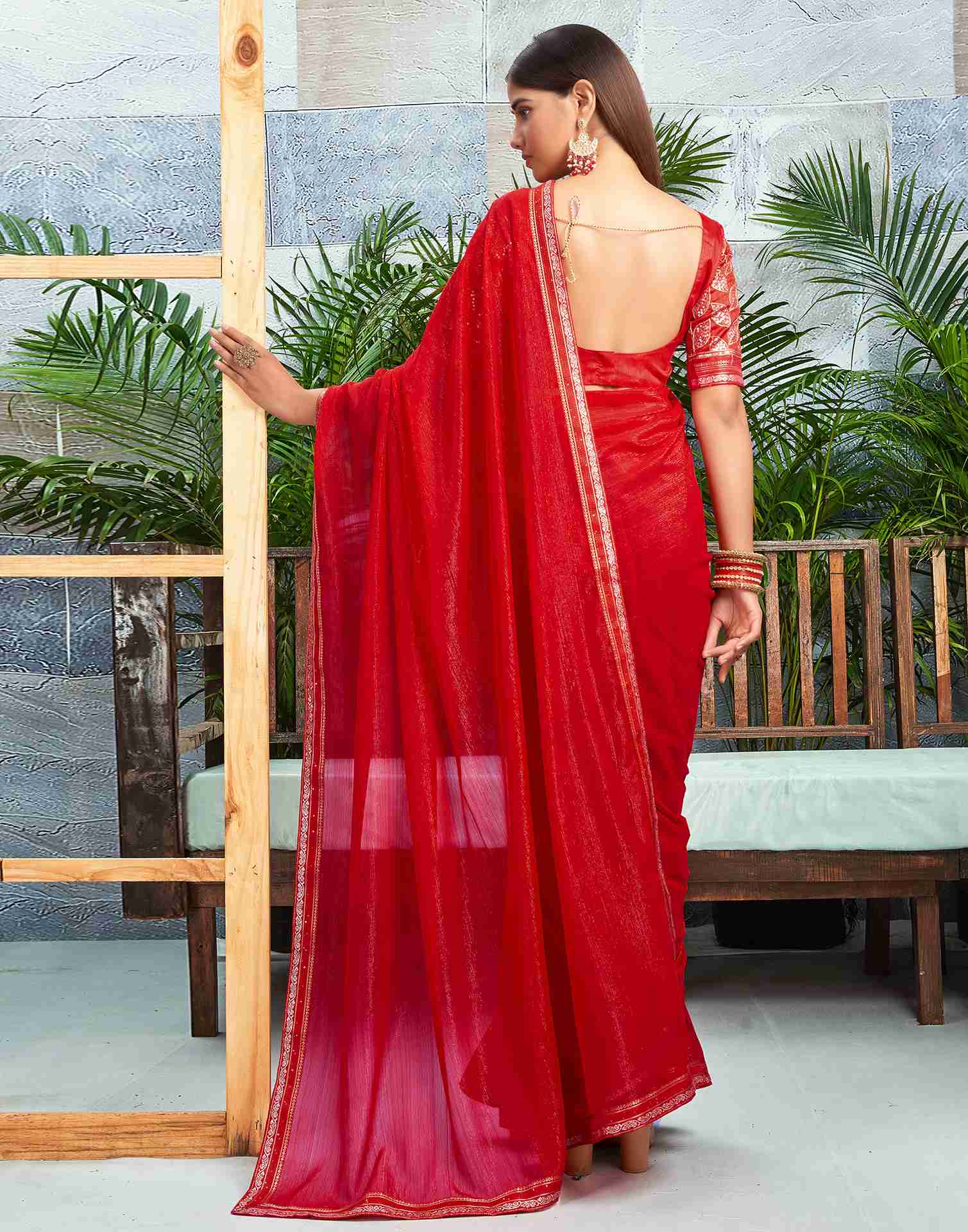 Red Chiffon Zari Stripe Plain Saree