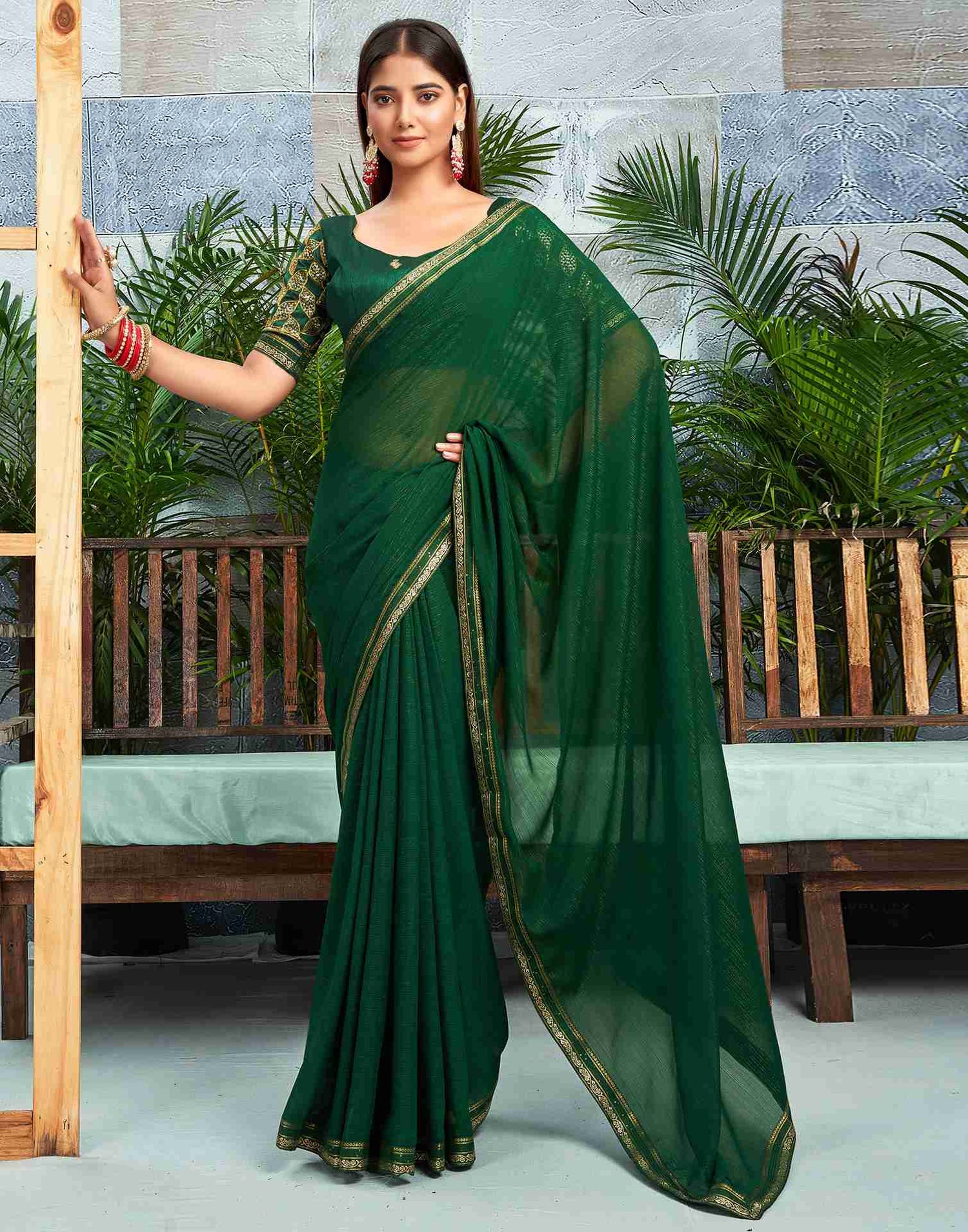 Dark Green Chiffon Zari Stripe Plain Saree